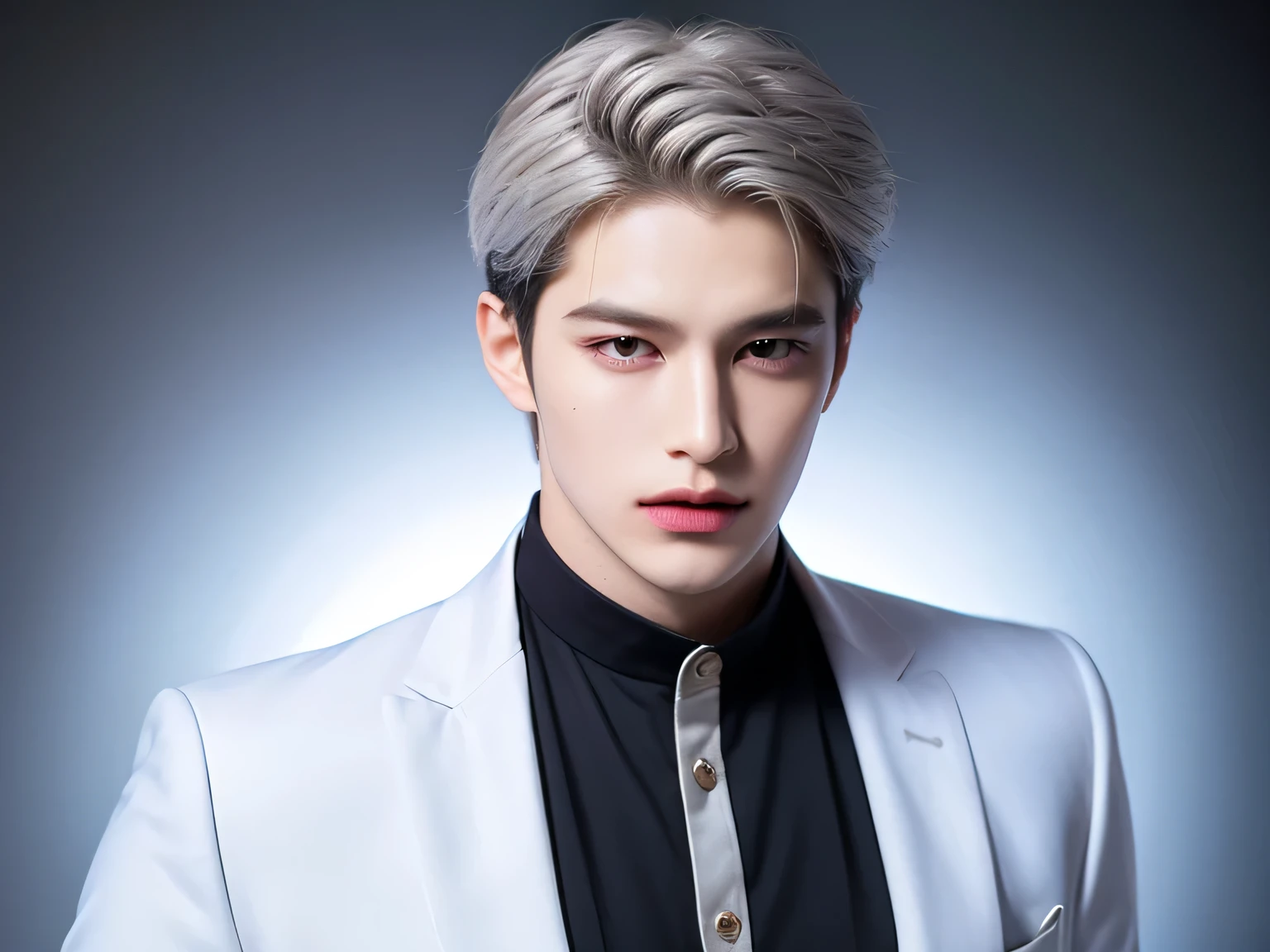 Male Aura Light, Beautiful Silver Aurora, Magical power, Unleash magical powers, 20 year old man, Magical effect, Very handsome , Korean Series Stars, silver glowing eyes, God of Thunder, White skin, handsome, Silver hair, classic side part hairstyle, black background, Masterpieces, of the best quality, Cool personality , a man, Detailed image, clear, Shiny, Cold eyes, Very handsome , half body model, wearing a white suit, Striped off-the-shoulder collar with golden Thai bird, One Man, reflect, standing, front view, Half-shot.