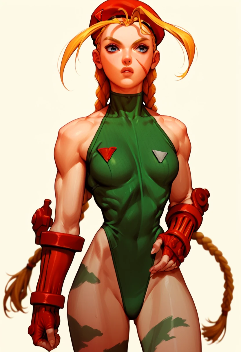 (Shadman art:1.2),((masterpiece)),(((best quality))),((character design sheet)), concept, poses, masterpiece, best quality, highres, 1girl, cammy white, twin braids, long hair, blonde hair, antenna hair, beret, military gear, (red headwear:1.3), blue eyes, scar on cheek, green leotard, large breasts, sleeveless, red gloves, fingerless gloves, camouflage, cowboy shot, standing, outdoors, arms at sides, straight-on, blank background ,chara-sheet
