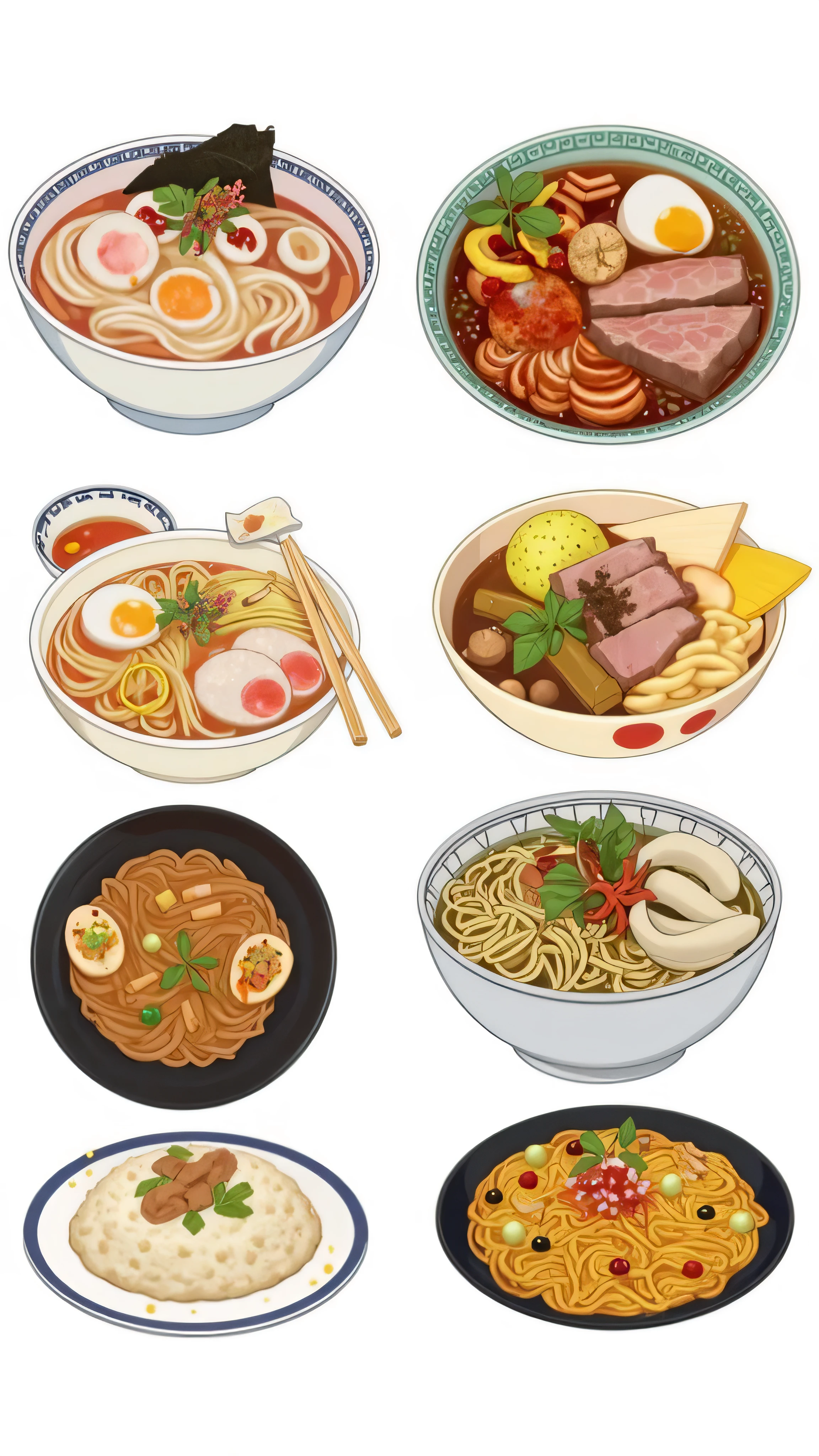 This image showcases nine different noodle dishes, each presented in a visually appealing and detailed style. The illustrations are realistic yet maintain a certain vibrancy and appeal, suggesting they might be used for a menu, cookbook, or other food-related publication. The background is plain white, allowing the dishes to be the central focus.

Let's describe each dish:

Tonkotsu Ramen: A classic Japanese ramen with a rich pork broth, chashu pork, and a soft-boiled egg.
Shoyu Ramen: Another ramen variation, likely with a soy sauce-based broth, chashu pork, and a soft-boiled egg.
Laksa: A spicy noodle soup common in Southeast Asian cuisine, featuring noodles, seafood, tofu puffs, and a flavorful broth.
Beef Noodle Soup: A rich noodle soup with beef, vegetables, and what appears to be fried wontons.
Noodle Soup with Meatballs: A noodle soup with meatballs and vegetables.
Kitsune Udon: Udon noodles in a broth, topped with deep-fried tofu.
Plain Noodles: A simple dish of plain noodles, possibly served with a light sauce.
Yakisoba: Stir-fried noodles with meat and vegetables, a popular Japanese dish.
Style and Use:

The detailed yet vibrant style of these illustrations makes them suitable for a variety of uses:

Restaurant Menus: To showcase the variety of noodle dishes offered.
Cookbooks: To visually represent the recipes.
Food Blogs/Websites: To accompany articles or recipes.
Educational Materials: To illustrate different noodle dishes from various cultures.
Overall Impression:

The image is a visually appealing and informative collection of noodle dish illustrations. The consistent style and attention to detail make them suitable for a variety of applications, particularly those focused on food and culinary arts. The variety of dishes showcased provides a good representation of different noodle-based cuisines.