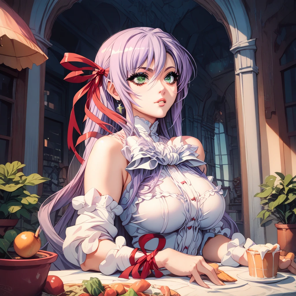 anime girl in a kitchen with ((many jars:1.2 in a shelf)), alchemist girl, (highly detailed), exquisite fanart, in a potion shoppe, digital artwork, violet evergarden, she is in the potions workshop, (wearing big white victorean dress)) , ((many fruits on table:1.2)), ((light fantasy theme)) by Ayami Kojima, clean detailed anime art, by Yamagata Hiro, by Yoshihiko Wada, dreamy and detailed, apothecary, detailed fanart