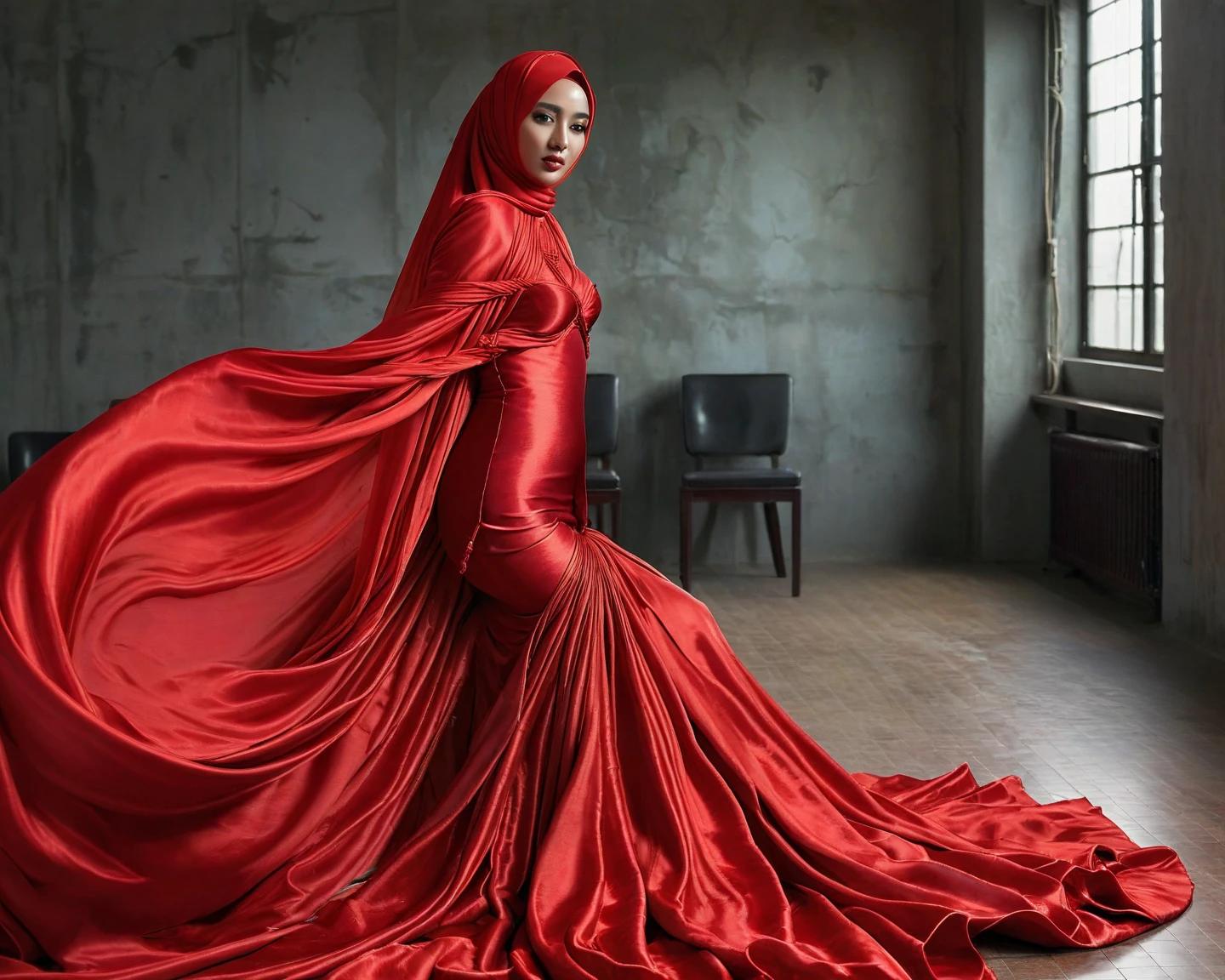 A woman shrouded in a 4-meter-long, plush red satin cloth, tightly bound and grandly draping along the form of her body, flowing off into a pooled floor-length train, styled in a mermaid-inspired outfit, her head modestly veiled in a satin hijab, a full-body pose conveying a sense of mysterious elegance, captured in a 4k resolution, ultra-realistic