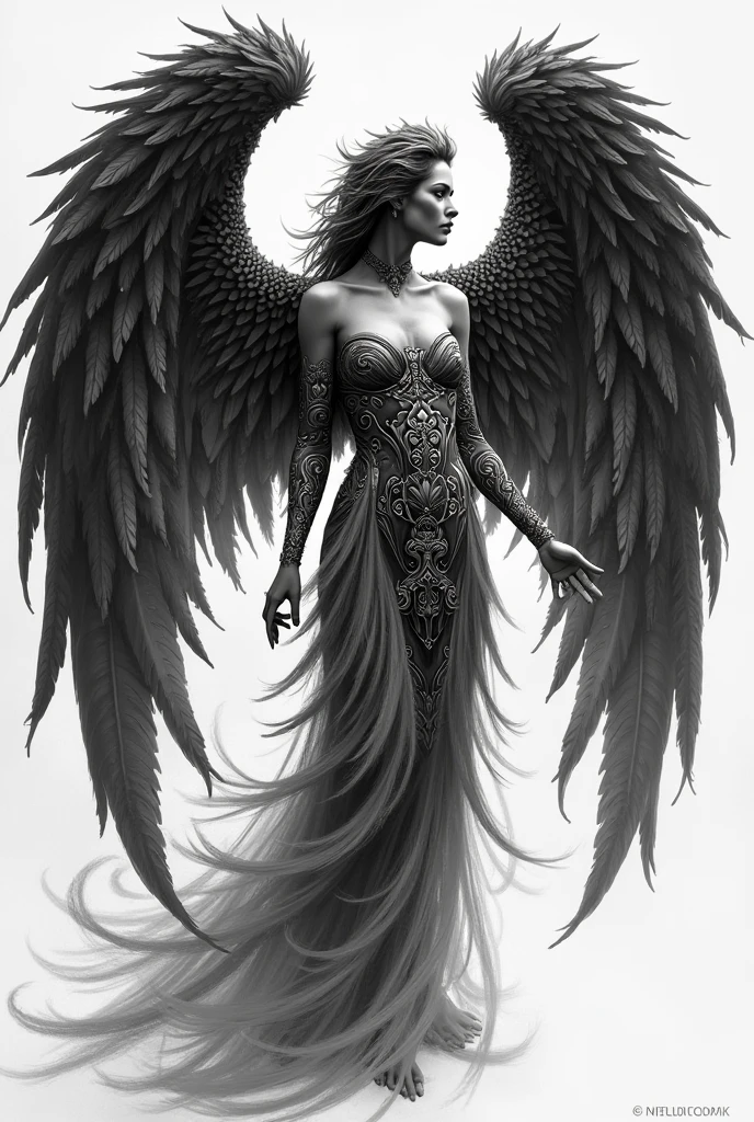 a winged solar disk representing the sun god Shamash, a crescent of the moon-god Sin and a lion-headed mace on a pedestal, All this represented in the feathers of an angel, black and white pencil drawing