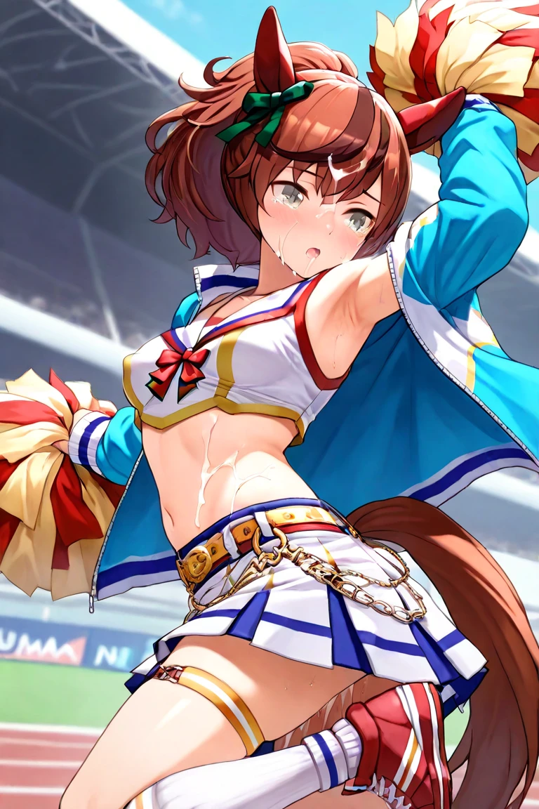 sexy dance show,(stadium, blurry background,blue sky,strong wind:1.2),el condor pasa\(umamusume\),(domino mask),perfect hands, perfect finger,perfect anatomy,masterpiece, best quality,realistic, hyperrealistic, 16k hdr,,what does the fox say,open mouth, happy smile, long hair, blush,  belt, crop top, blue ultra miniskirt, pleated skirt, midriff, detached sleeves, elbow gloves,sweat,navel,large breasts,cleavage,erected nipples,(from below:1.2),micro panty,horse tail,(show off micro panty.:1.3)