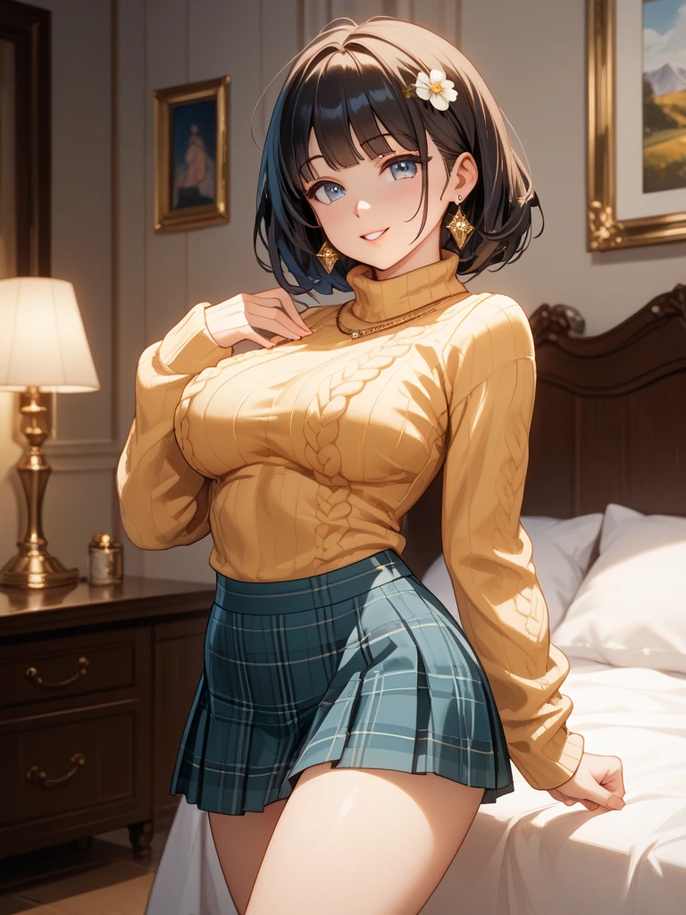 ( Ultra Masterpiece, Best quality, 8k ), Detailed Face + eyes, beautiful eyes, (Absurdres), (Anime), (Skindentation), (Best shadow), ((Anime)), /(Tsundere face)/, /(Hiyakasudere looks)/, (Perfect face)+, (Tomboy), Huge breasts, Very curvy, (dark hair), short hair, Beautiful hairstyle, (green eyes), Full lips, ( angry face, frown, warm smile ), ((beautiful character design)), At home, ( Intricate Clothes ), BREAK, Professional photo, (Toned legs, Thick thighs), Big breasts, Ray tracing, (Perfect face)+, Octane render, good looking sweater, ((red) off-the-shoulder sweater: 1.3), sweater, good-looking skirt, ((blue) skirt: 1.2), ( deep cleavage ), medium breasts, (Soft skin), (healthy body), 1 Female, (bold and assertive pose), (Very sexy+, Gorgeous woman++, young beautiful woman+), BREAK, ( Sitting down, Facing the viewer, looking away ), ((Tsundere))+