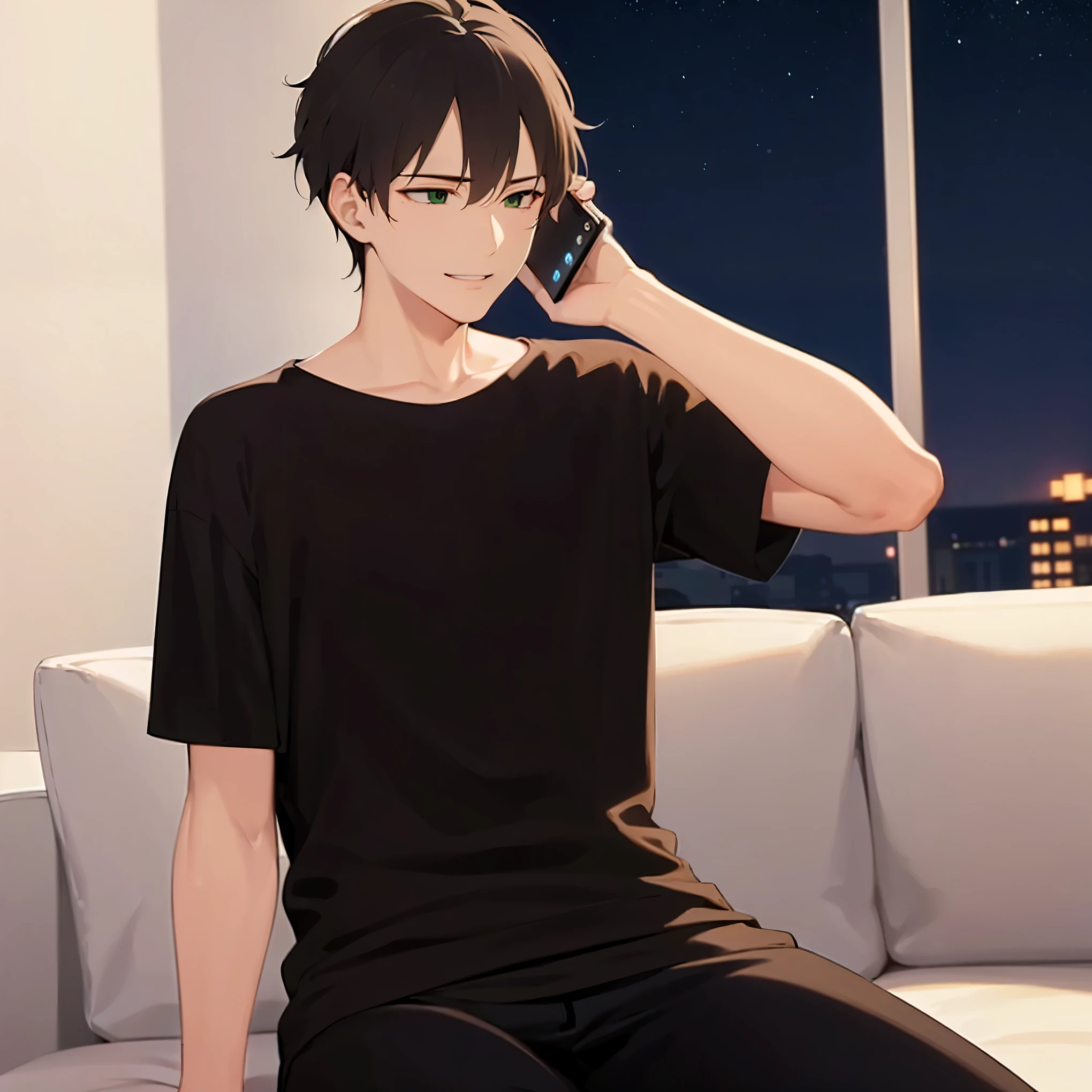 navy sofa, sitting, (at night:1.5), talking on phone, side angle, (looking away:1.5), masterpiece, best quality, Japanese manga style, upper body, (25 year old male: 1.5) and (short brown hair) and (green eyes), BREAK (black T shirt) and (pants) BREAK smile, inside a living room, alone,