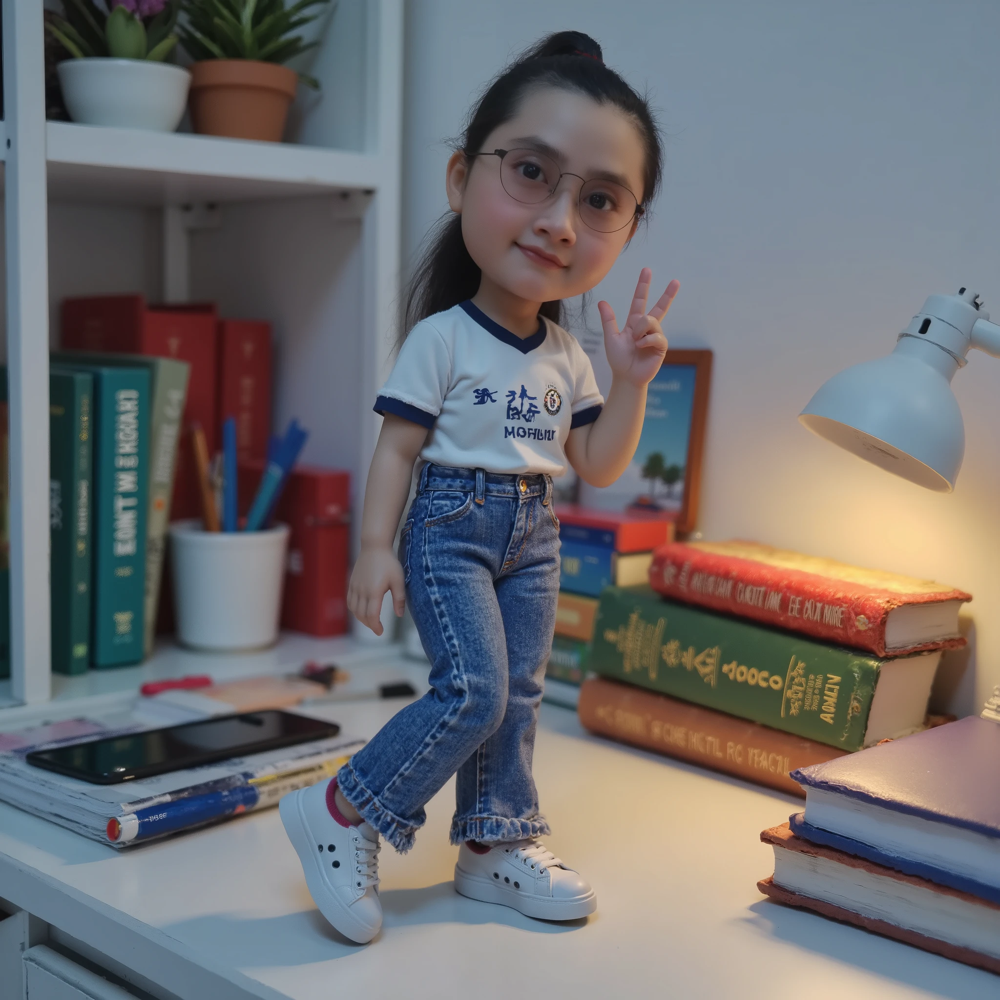 A highly detailed 3D-rendered super-realistic image of a miniature figurine of an Indonesian woman with long hair tied in a ponytail, wearing a Chelsea FC football jersey, long jeans, and sneakers. She is posing playfully with one hand on her waist and the other making a "peace" sign. The figurine is placed on a study desk with a stack of books, stationery, and other study essentials. The desk is in a cozy, well-lit room with a calm and cool lighting atmosphere. The colors are vibrant and contrast beautifully, making the figurine stand out as the focal point. The textures of the books, desk, and figurine are highly realistic, capturing every small detail with precision.