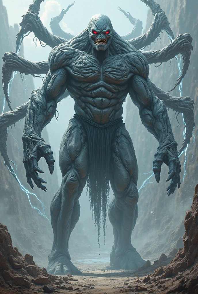 Create a humanoid creature with gray skin that has a circle that shoots a large laser beam from its face.