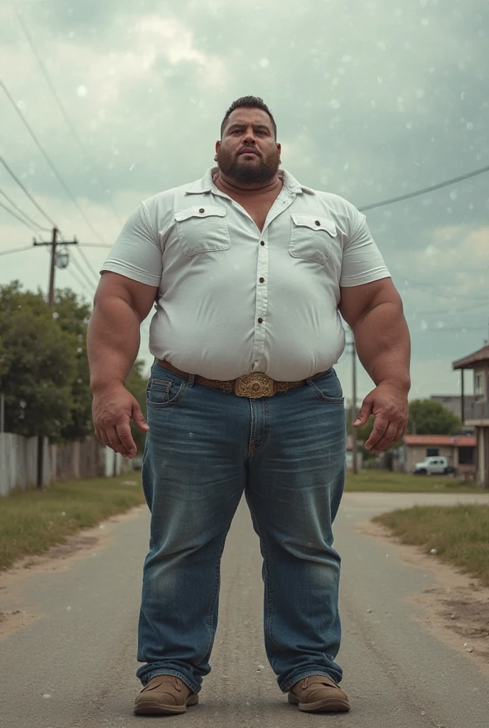 An oil painting of a full-length portrait of a charismatic Caucasian male, super sexy, caliente, calvo, camionero, pesado, 60 years old, en una carretera (calvo y fuerte), Musculoso, huge biceps, tatuado, (culturista extremadamente peludo con una gran barriga), camiseta, short rotos con agujeros extremadamente ajustados, enormes piernas peludas y musculosas, huge groin area, con el pene fuera, La escena se desarrolla en un entorno realista, Capturando al hombre&#39;s happy expression, Los colores brillantes dominan la paleta, creando tonos luminosos e intrincados. Art Station style adds depth and detail to the scene.., with intricately drawn lines and animated elements –t2. (Mejor calidad:1.0), (ultra high resolution:1.0), Hyper realistic
