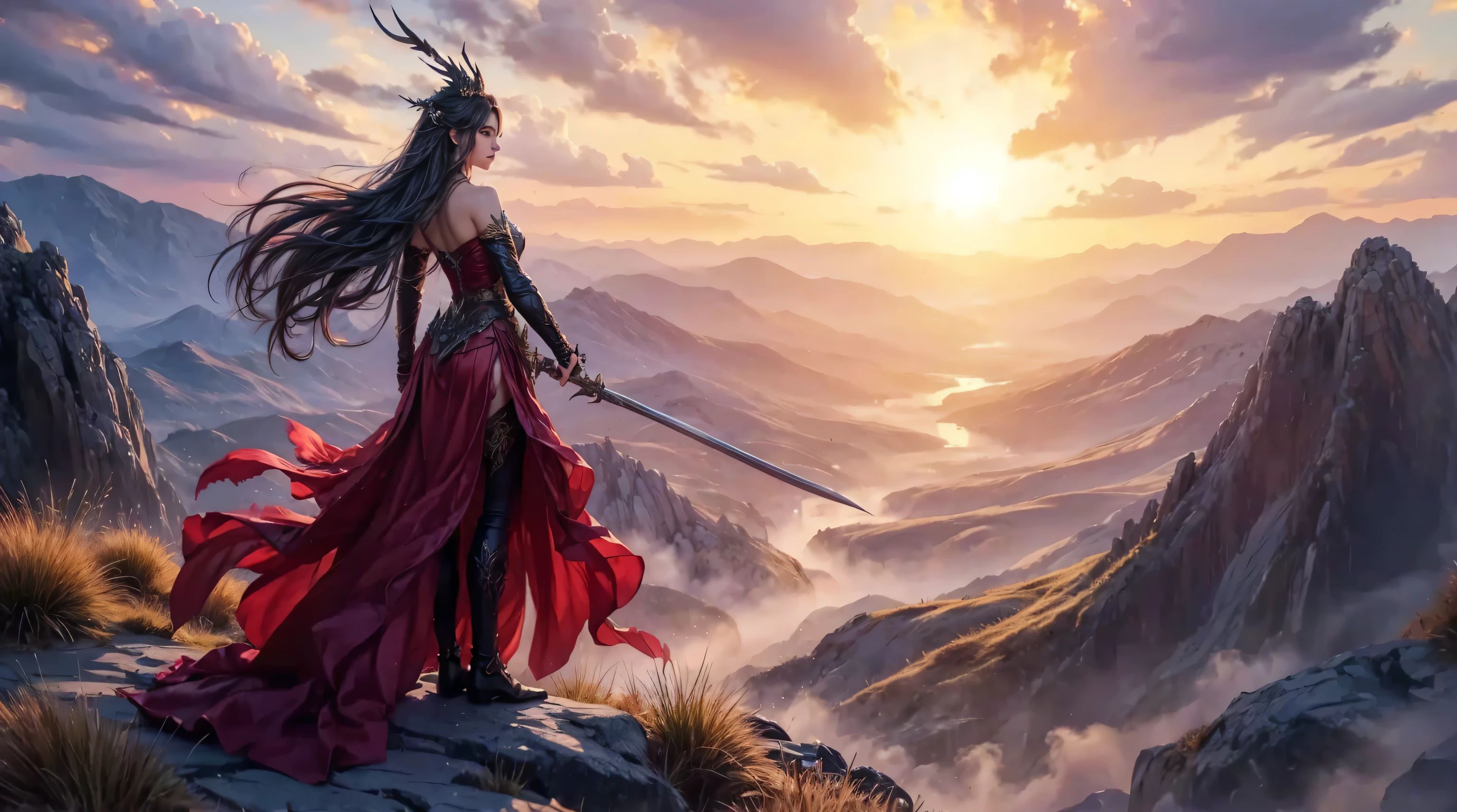 A woman sitting on a rock,There is a dragon in the background, 4K fantasy art , epic Fantasy Art Style, Realistic fantasy illustration , epic Fantasy Art Style hd, Epic Fantasy Digital Art Style, 8k fantasy art, Fantasy Art Style, 2. 5d cgi anime fantasy artwork, Breathtaking fantasy art, detailed fantasy art , exquisite fantasy art , detailed fantasy digital art