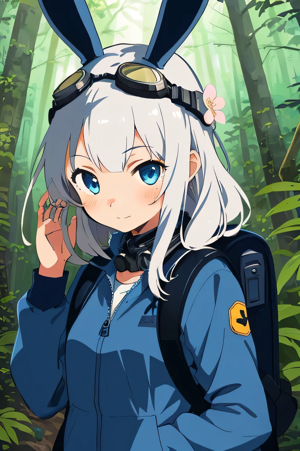 (best-quality:0.8), perfect anime illustration, 1girl, solo, long white hair, cyborg, (bunny ears, goggles on head, blue jacket, wearing a small backpack, hiking through a forest), mecha, automaton, creature, plant sprout, blossoms, raindrops, spring, magic, (close up), advntr