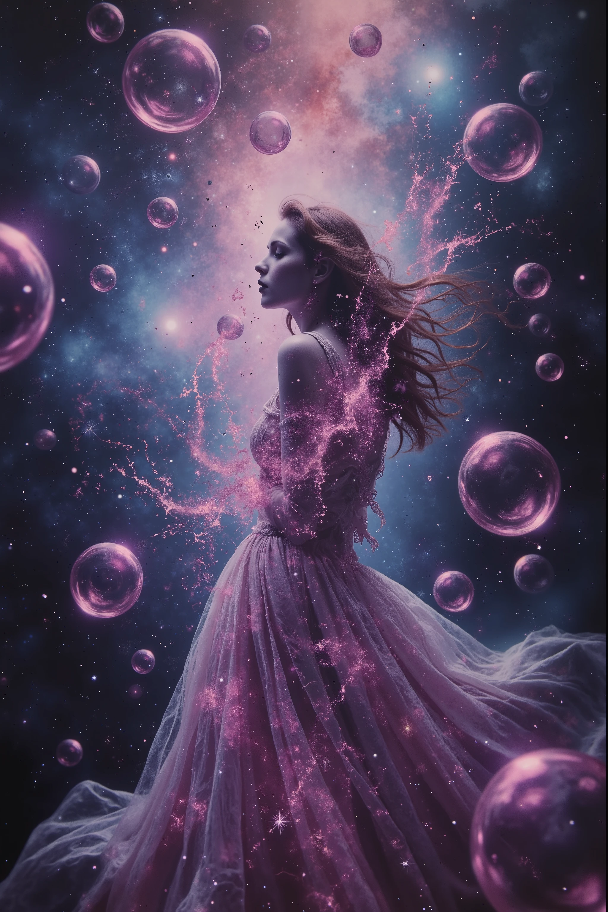 LSD, DMT imagery. octane render. Bright neon bright colors, A beautiful woman is created in a prompt. The new life breaks out and is born, spilling into the universe Bubbles and spheres glow and reflect.  Ultra detailed, ultra realistic,Pixel Assets,Portrait photography,surrealism, hyperrealism, Photorealistic, Hyper detailed, Glass Morphism, Digital Art, Sparkle, Optical Illusion, Glowing Light, Reflective Light, Overexposure, Backlighting,full focus, spheres and bubbles show perfect Symmetry, Awe inspiring, Breathtaking, Indescribably Beautiful, Heaven sent images, Best Quality, Award Winning, Masterpiece.