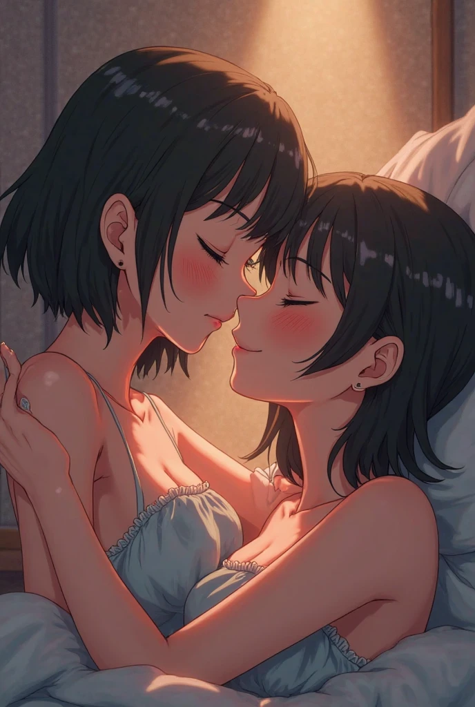 Deux filles lesbiennes s'embrassant, jeunes asiatiques, épaules et cou, en sueur, chaud, câlins, sexy, ((( filles NU))), séjourné, Des lits, in Des lits, chambre noire, une lampe, allongez-vous, face à face