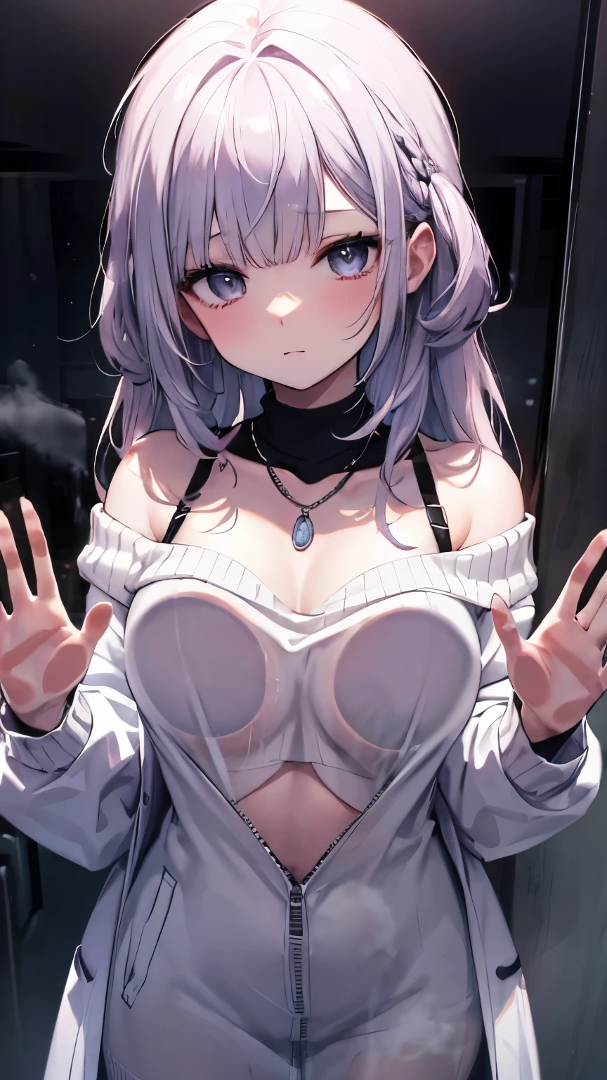 Ultra-high resoluti, Attenti to detail, Highest quality), (long hair, dark eyes , Black Necklace, collarbe, Chest valley , off-the-shoulder sweater, white coat , Mute , Attractive figure、Extremely Fine Skin、very beautiful eyes、 detailed background), A Girl, (Chest_when_Glass, chest pressure , against glass , hands as glass), Windows fogged up, Awkward, masterpiece, 8k