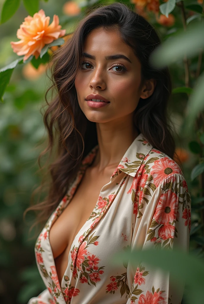 A Brazilian woman in a lush tropical garden, wearing an open shirt with a floral print, with a close-up capturing the harmonious beauty between her breasts and the natural flowers, showing off your natural charm and outgoing personality.