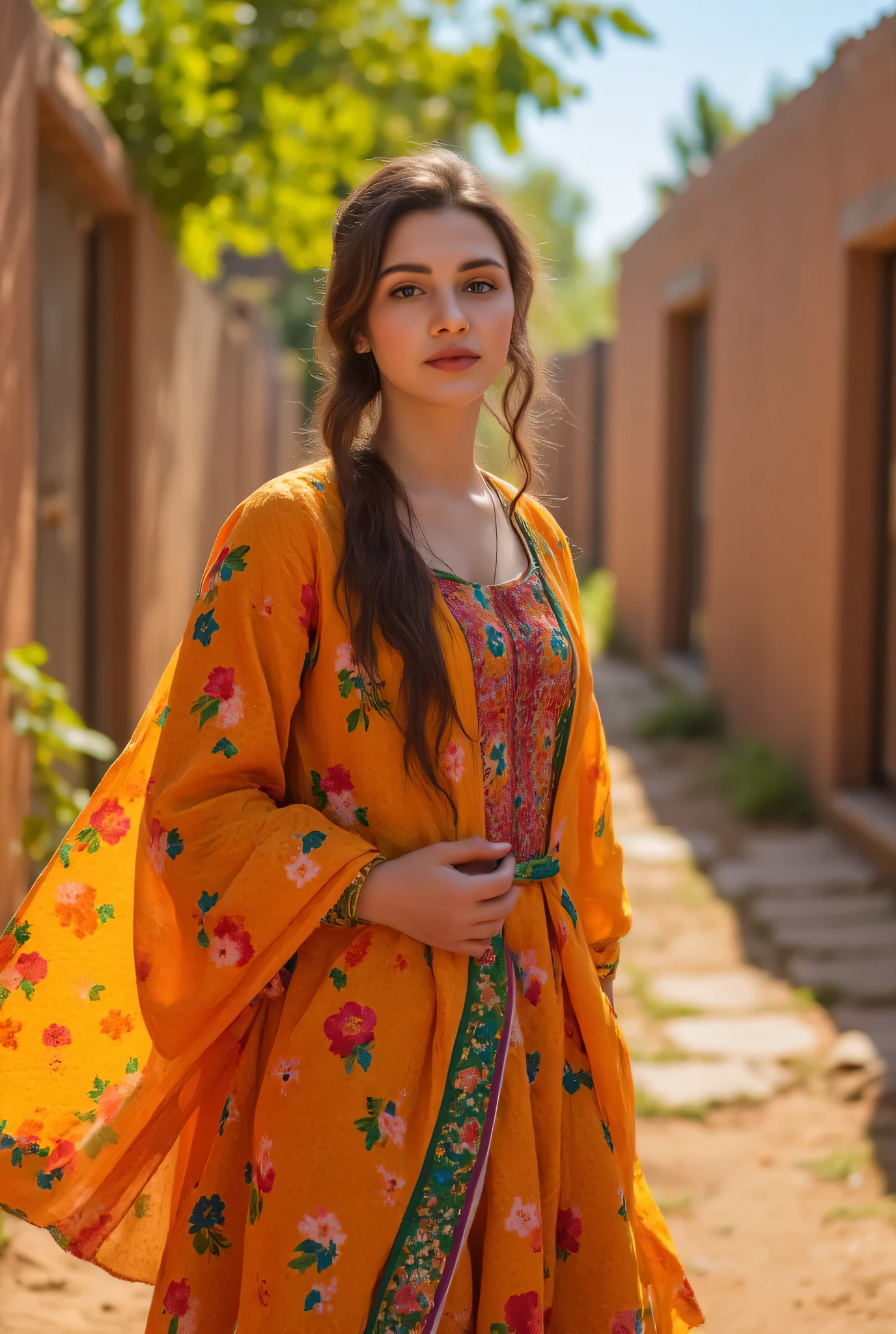 24 year girl in Indian village not modern village rural vibe wearing punjabi patiyala kurta set wearing
