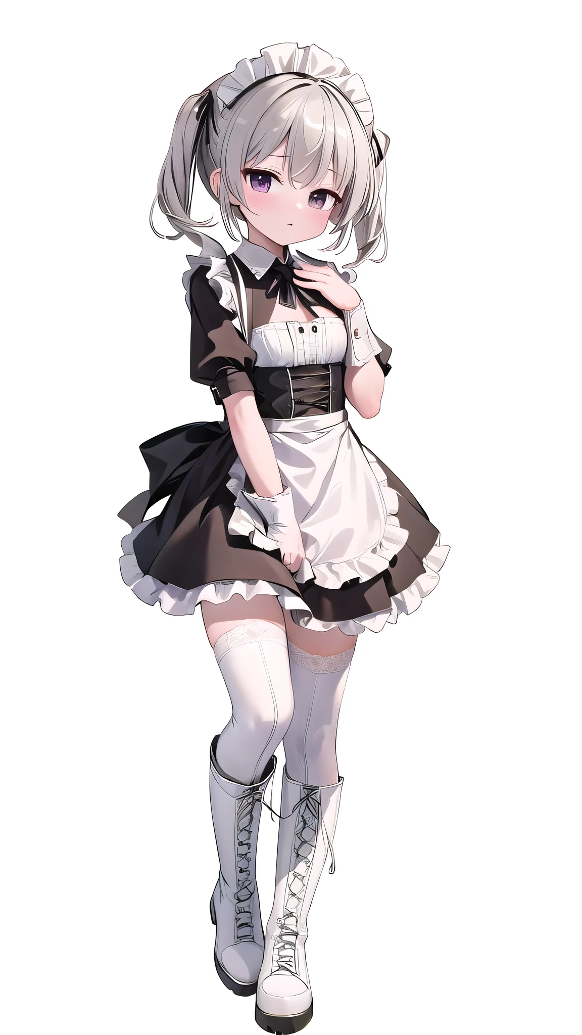 (( masterpiece)), ((is best)), ((high resolution)), ((extremely detailed CG unity 8k wallpaper)), alone,is best,(Kawaii:1.1),(charming),(high resolution:1.2),Extremely Ridiculous Resource :1.3,, 1girl ,,white_pantyhose, thighhighs_under_boots,Leg_garter,leather,tight,lace-up_boots,fingering,maid,embarrass,hands_on _lap ,
