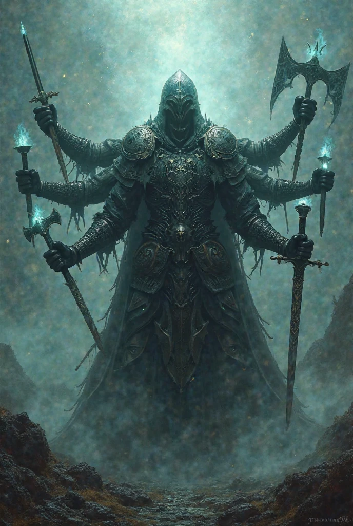 A dark and menacing figure, Mordred the Emperor of Shadows, holding a massive black shield (the Nezaria Eclipse) that seems to absorb all light around it. The shield has intricate, sinister designs and emits a faint dark aura. Mordred stands in a battlefield where light fades into darkness, with twisted shadows creeping out from the shield, engulfing the surroundings. His armor is dark and ornate, reflecting no light, and his eyes glow with a malevolent power. The image should convey an overwhelming sense of dread and the absorption of all hope.