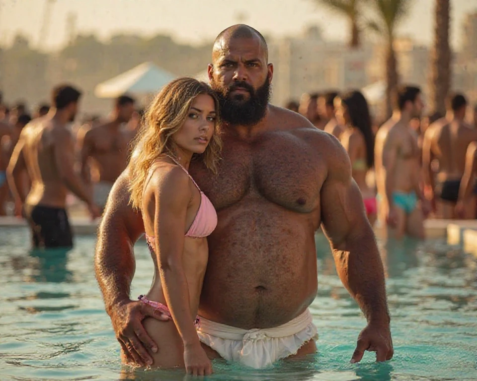 There is a strong, hairy, bearded, very hairy mixed-race man in a thong posing for a photo standing next to his beautiful girlfriend in a bikini on a rock at a viewpoint at the end of a paved road with a privileged view just below a large lagoon with brown waters and a white sand beach with many people..