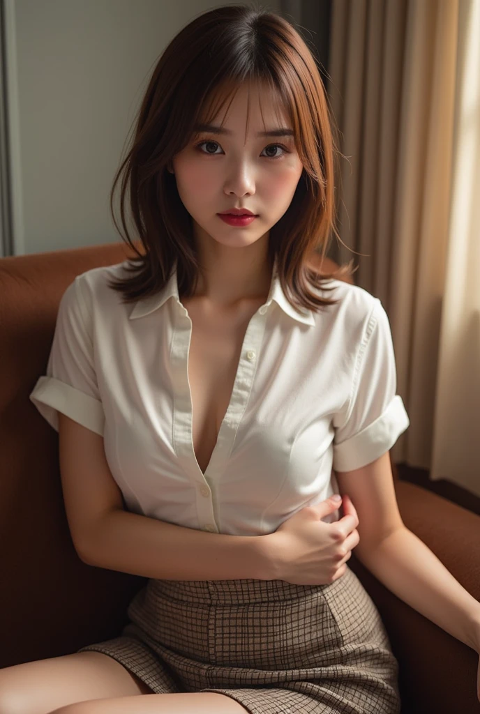 Highly detailed CG Unity 8K wallpapers、top-quality、ultra-detailliert、masterpiece、realisitic、Photorealsitic、extremely detailed cute girl、25-years old、(a secretary)、red blush、cparted lips、roundly eyes、Medium chest、viewer、Semi-body shot、shirt with collar、s Office、phone、sitting on、(Show me your white panties)、open crotch with short hair、((exposing female organs,,)