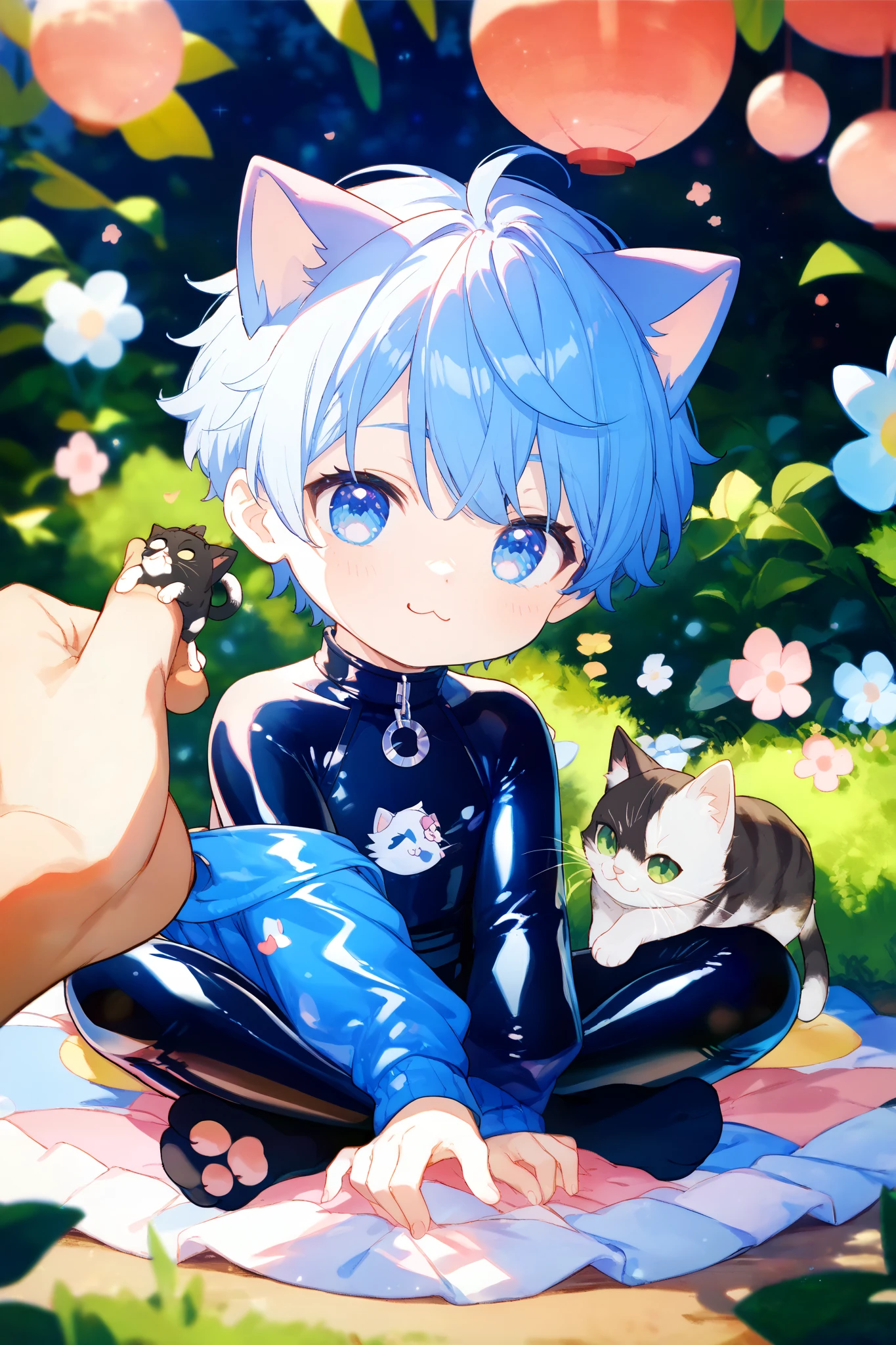 a boy,cute, blue short hair ,Cat ears,Rubber bodysuit,