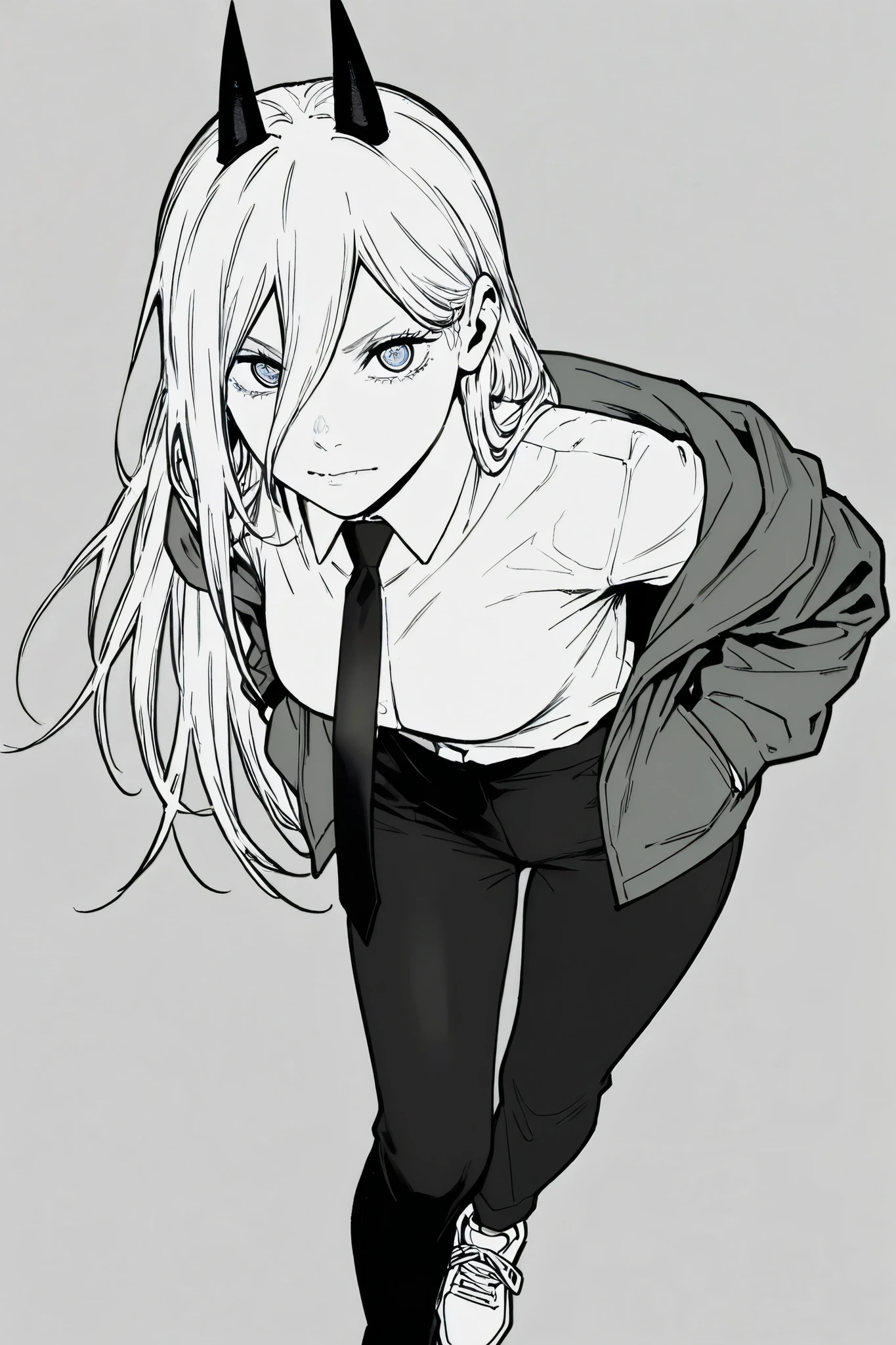 score_9, score_8_up, score_7_up, score_6_up, score_5_up, score_4_up,
BREAK
(masterpiece: 1.0), best quality, perfect anatomy, perfect composition, perfection, 4k resolution, absurdres, very aesthetic, professional artwork, absolutely beautiful, lineart, line art, greyscale, monochrome
BREAK
line art, four fingers and a thumb, timbrook, 1girl, black necktie, necktie, solo, long hair, horns, shirt, jacket, white shirt, pants, black pants, footwear, collared shirt, shoes, simple background, power \(chainsaw man\), hands in pockets, facing viewer, looking at viewer, ringed eyes, leaning forward, close-up, from above, upturned eyes,