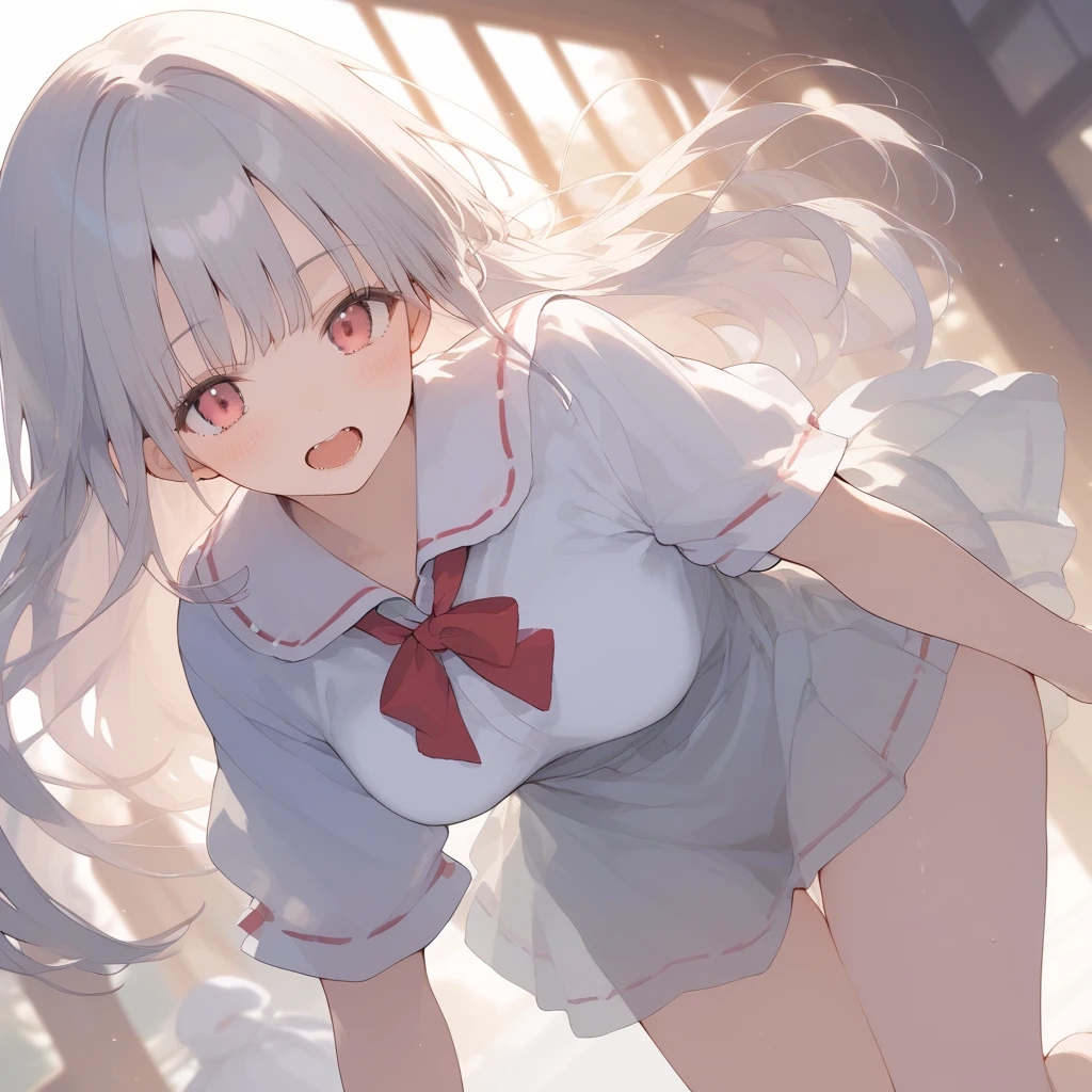 (Perspective Drawing), (Highest Quality), Glamorous, Rich Detail, Reality, 1girl, Girly, Cute, ((Silver White Hair)), Two-dimensional, Long ponytail, Light Red Eyes, Red Hairpin, Sleeveless, Off-the-Shoulder, White Shirt, ((Crop Button)), Pleated Skirt, (Miniskirt), , Fidgeting, Legs Clamped, Hands Pressed Down, Gaze Dodge, ((Skirt Floating)), ((Panties)), (White Stockings), (Anxious), Blushing, (Looking Up at the Camera)