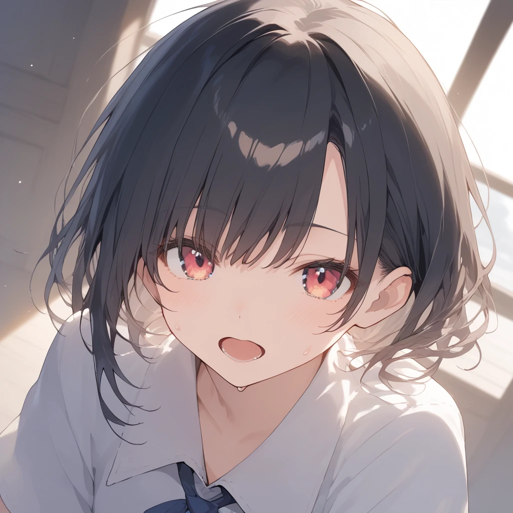 backlighting, from below, 1girl,shaded_eyes, upper body,face close-up,smile, open_mouth,blood_on_face,blood_on_body, yandere, blush, yandere_trance, shadow_on_eyes, shaded_face,hands_on_own_cheeks, hands_on_own_face,looking_at_viewer, bare_shoulders,bare_arms,Dark Environment,hell,masterpiece, best quality, very aesthetic, absurdres, horror, blood,death,ruin,black background,san_(mononoke_hime), mononoke_hime, brown_hair, short_hair, red_facepaint, tooth_necklace, white_fur_cape, white_top, black_short_skirt