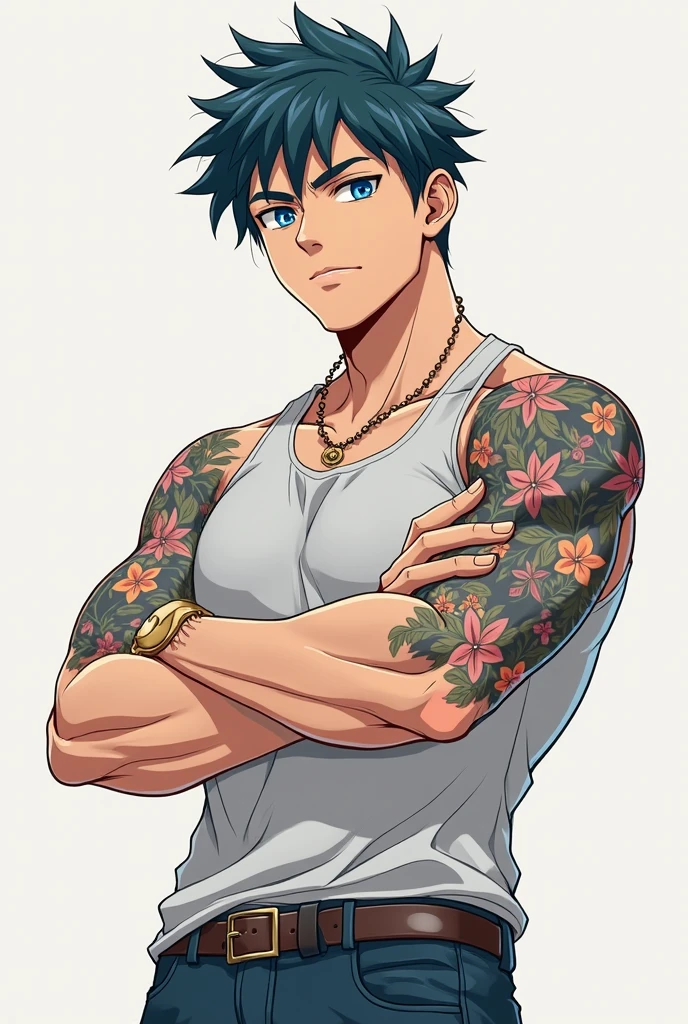 Um homem negro jovem, black hair with green tips, straight green and purple eyes, has hair on the chin and abdomen, muscled body, wearing no shirt, He wears sagging jeans where the edge of his white underwear shows, has crocodile tattoos on his chest and has earrings. Traços of Shumatsu no Valkyrie
