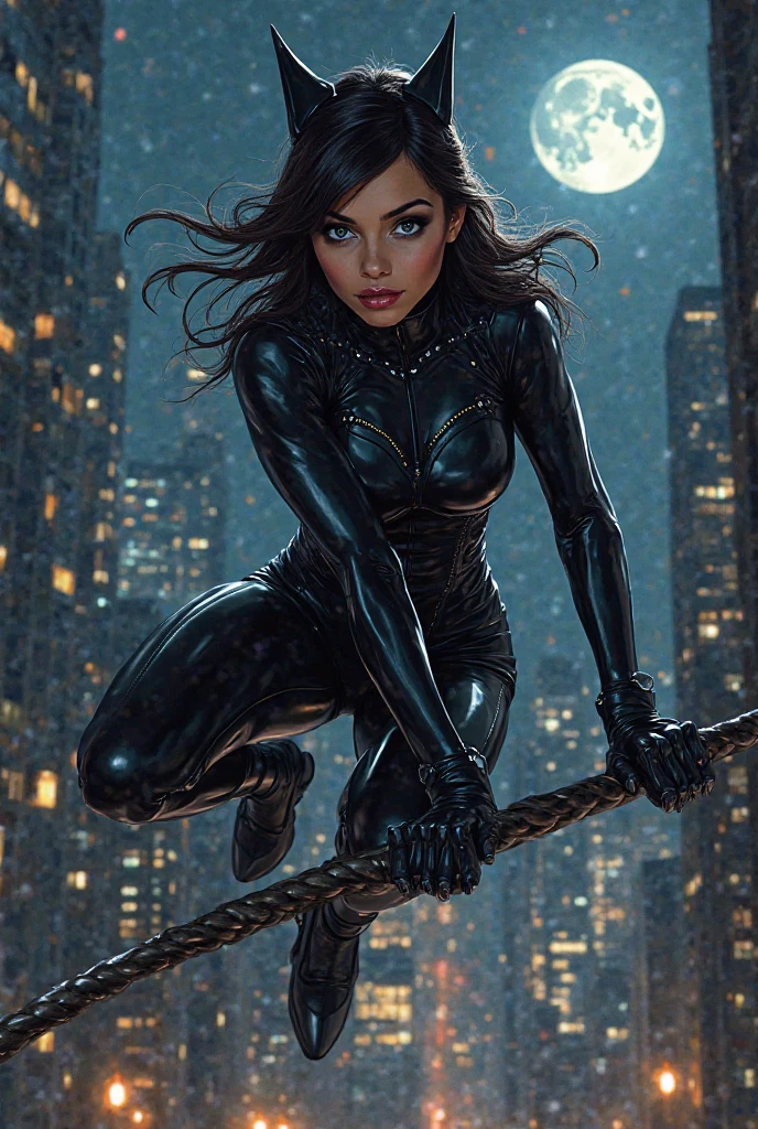 selina kyle, masterpiece, best quality, 1girl, wide hips, city, daylight, destruction. close up, action pose