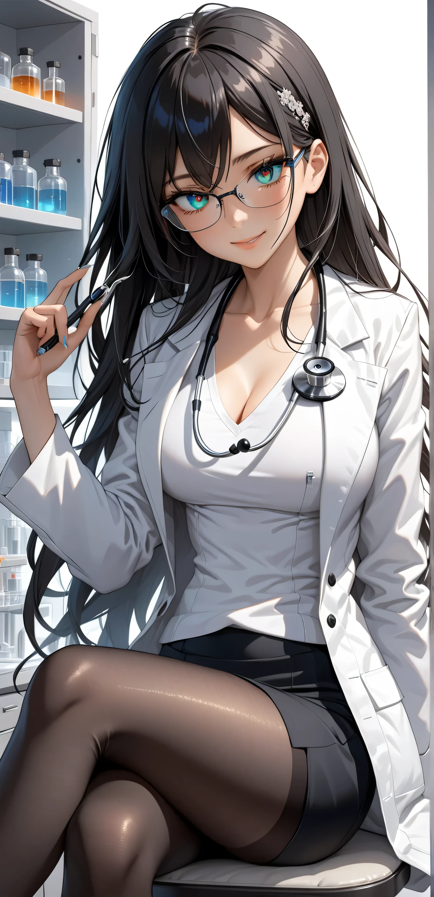 upper body, Random Sexy pose , ((Ultra detailing)), ((very aesthetic, best quality, ultra detailed)), intricate details, 1girl, ((long hair, Black hair, massy hair,)), ((Multi colour eyes)), ((Detailed eyes)), ((Beautifull eyes)), ((prefect eyes)), ((Ultra detailing eyes)) ,Medium breast, sharp jawline, cute smile,((Lab coat, white shirt, V-neck, stethoscope, pencil skirt, pantyhose, Glasses)), sit down, crossed legs,