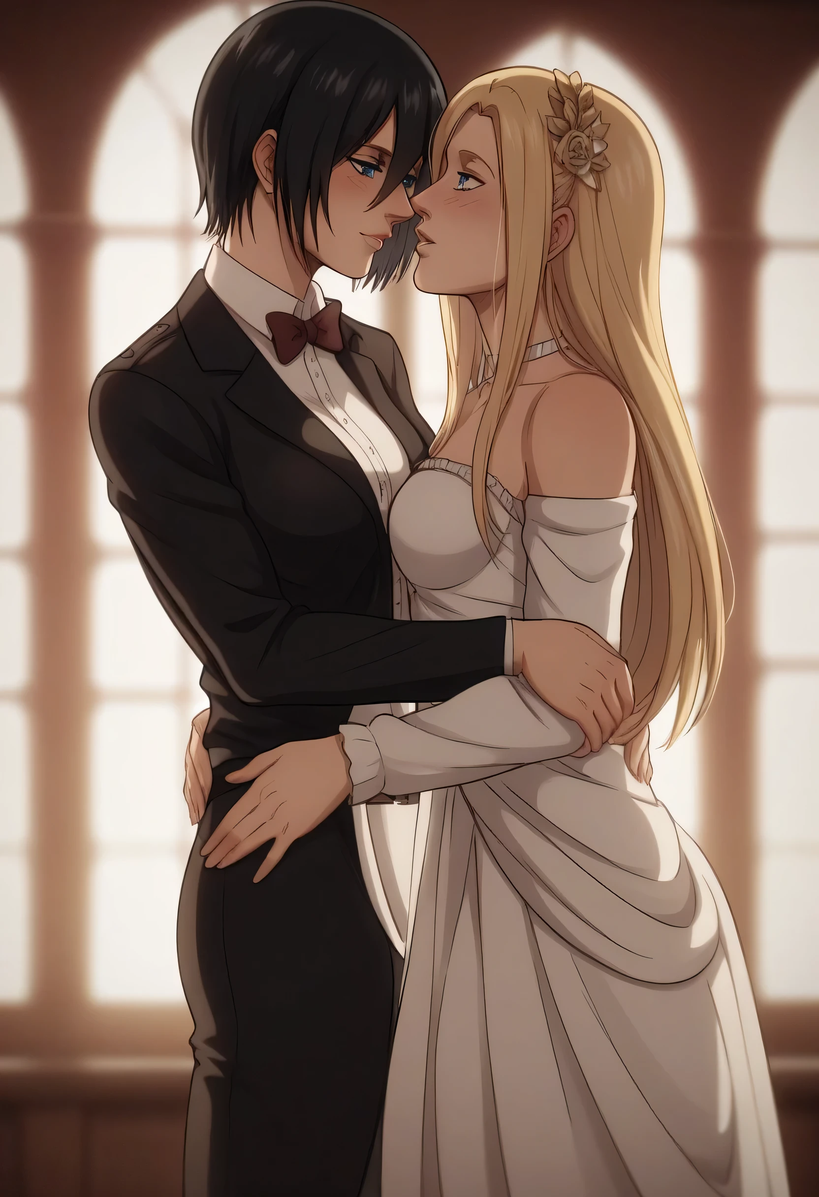 score_9, score_8_up, score_7_up, BREAK source_anime, historia reiss, blue eyes, blonde hair, long hair, medium breasts,Historia  beautiful wedding dress white,female black hair soldier with historia,Mikasa with historia are married ,mikasa wreanig black tuxedo,Mikasa female with short hair,mikasa female medium breasts,in night,moon in sky,mikasa final season,mikasa,Mikasa carries Historia hands،mikasa femboy,mikasa final season,historia blonde hair,mikasa carrying historia,Mikasa and historia in party in middle night,,mikasa final season,girls love,girl×girl,lesbians,yuri,romantic wallpapers,historia and mikasa laughs,both wreanig rings marriage,Touching fronts,historia plush happy 