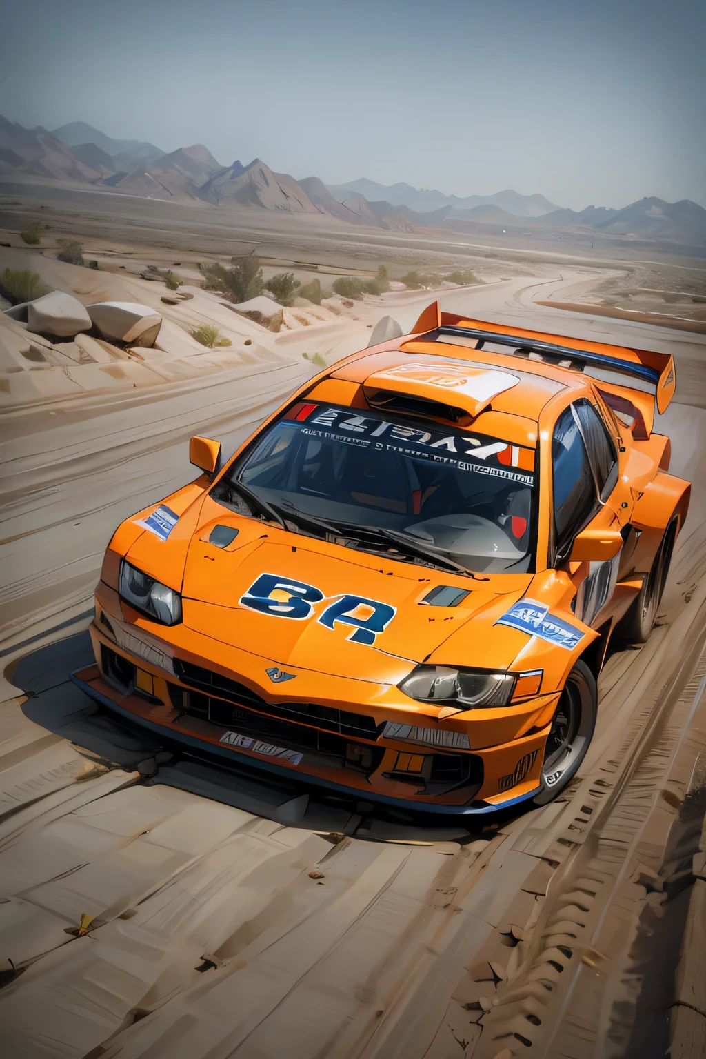 rally car, aggresive bodywork, sponsorship decals, heavy aerodynamics, big wing, manouvre, desert, off road