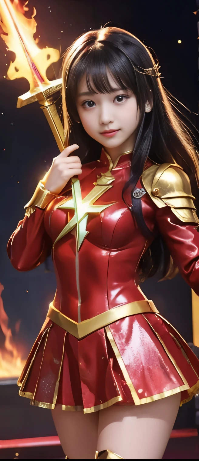 Flashy Idol Knight Girl、A pure girl's face、 hypo、、Gold Sequin Mini Dress(pleated miniskirt)、Red Armor Jacket、Glowing Fire Cross Sword