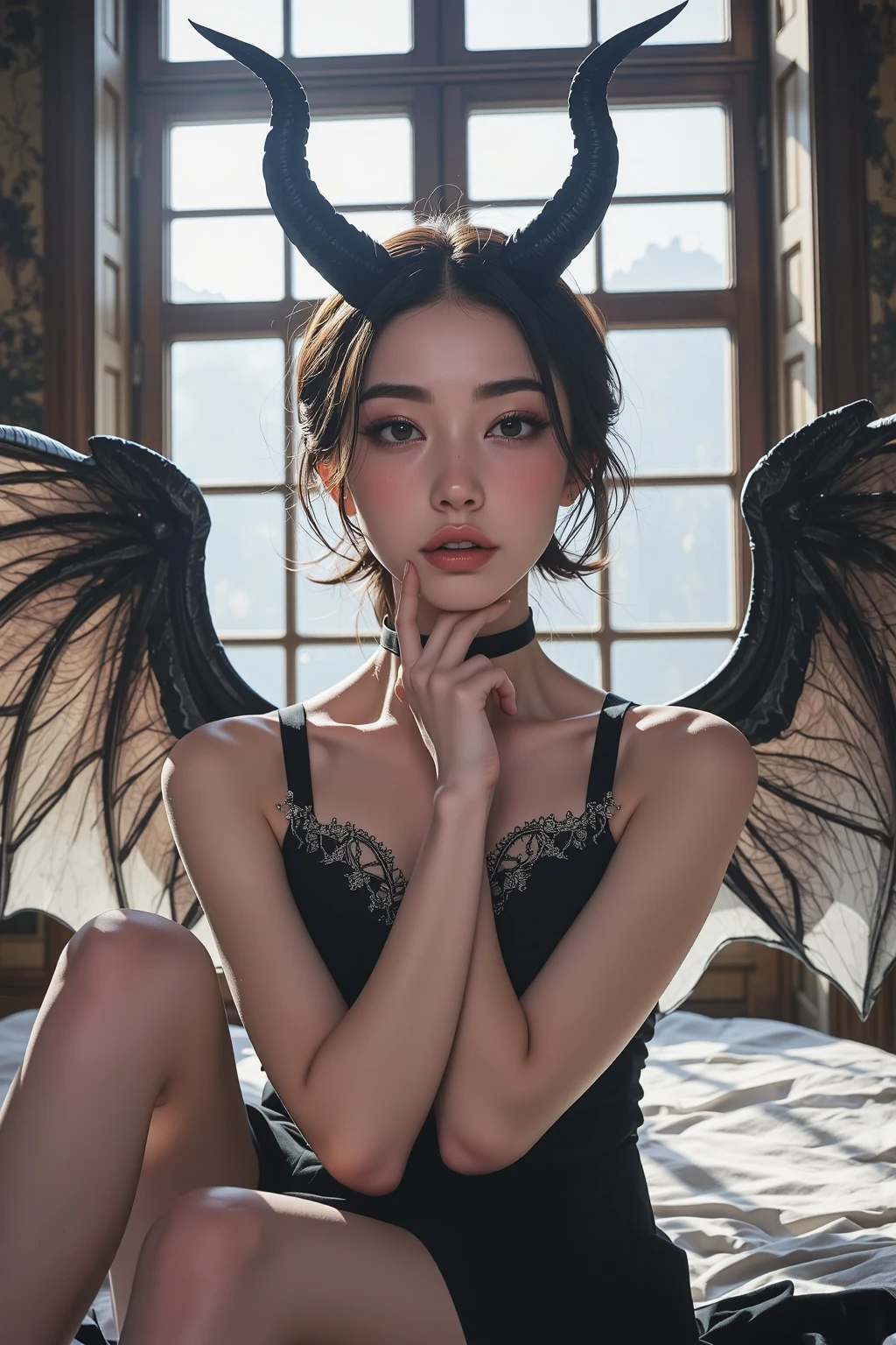 Full body Beautiful pretty girl in a black red dress with horns, Beautiful Succubus, gothic girl, Beautiful elegant demon queen., Evil has black angel wings., Succubus in a short-fitting dress, epic fantasy, captured on canon eos r 6, (Realistic face details), intricate detailed, Portrait of a beautiful girl, very high details, photo-hyper-realistic, 8k, UHD, hyperdetailed, (Dynamic Poses:1.4), background : dark castle , smoke , blazing fire look like hell, seduced face look like Anime ,