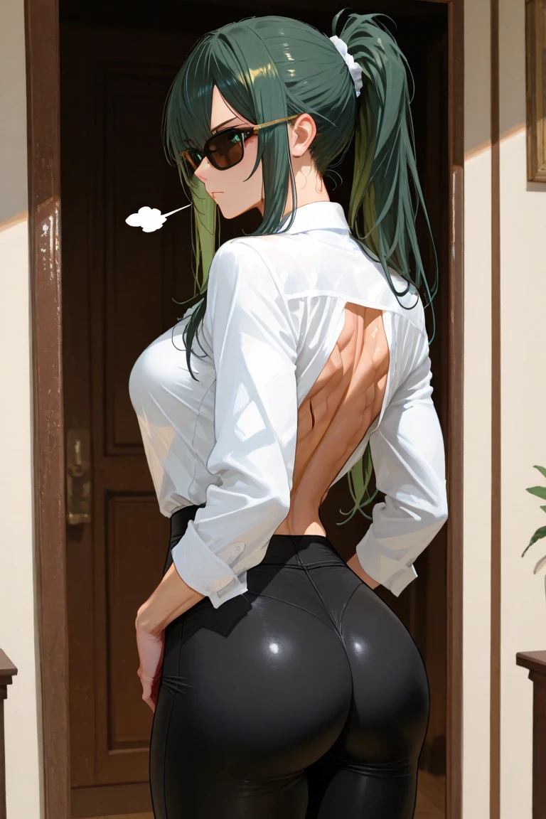 ((Best Quality)), ((masterpiece)), (detailed), 1 girl, Big Butt,leggings,green hair,pantylines