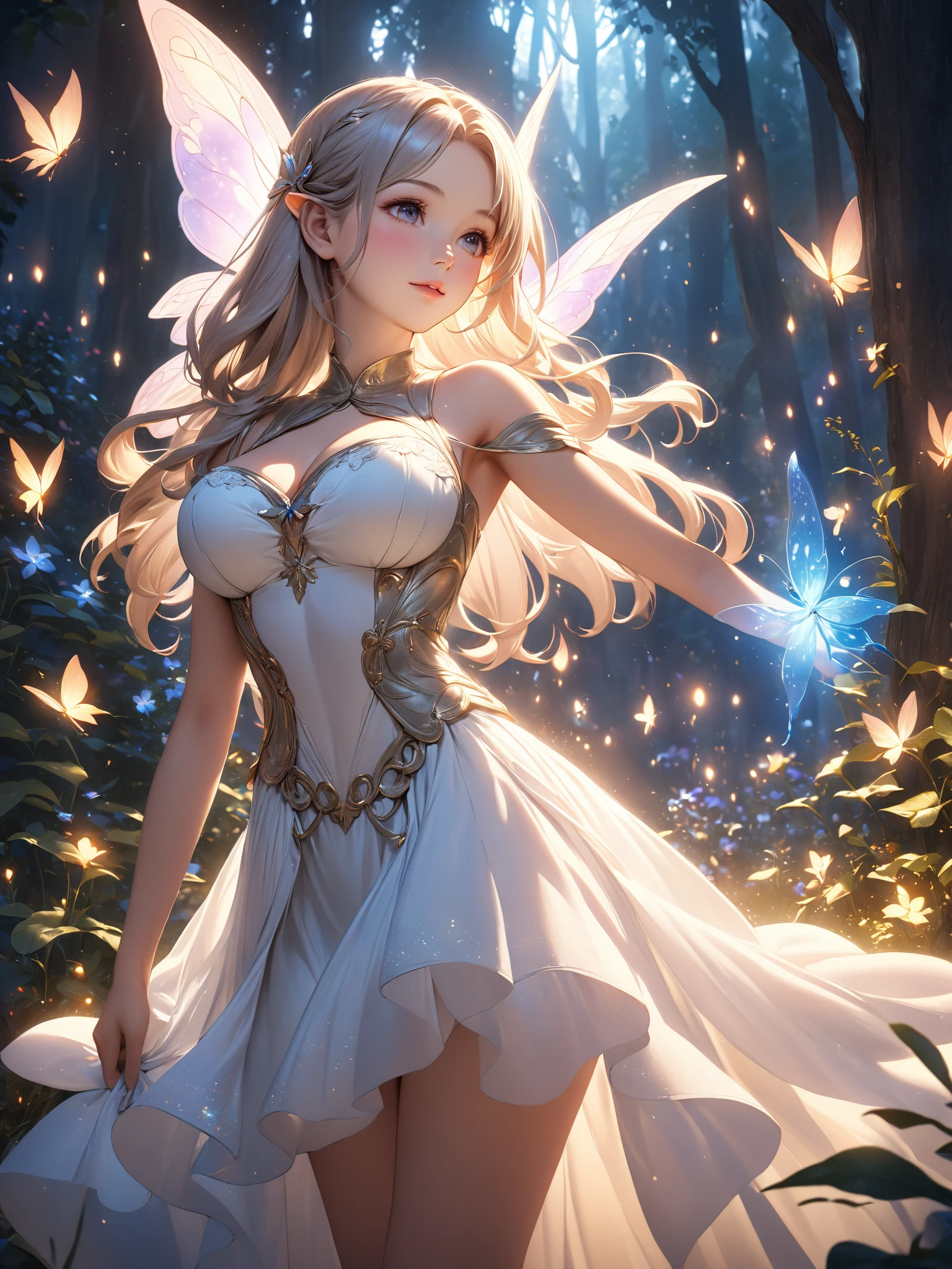 an illustration depicting a fairy with wings and the words angel on it, 1girl, dress, solo, long hair, smile, looking at viewer, skirt hold , (best quality, masterpiece, ultra-detailed, illustration:1.2),(8K wallpaper),(beautiful detailed eyes:1.2), beautiful, amazing, detailed eyes, (detailed skin)