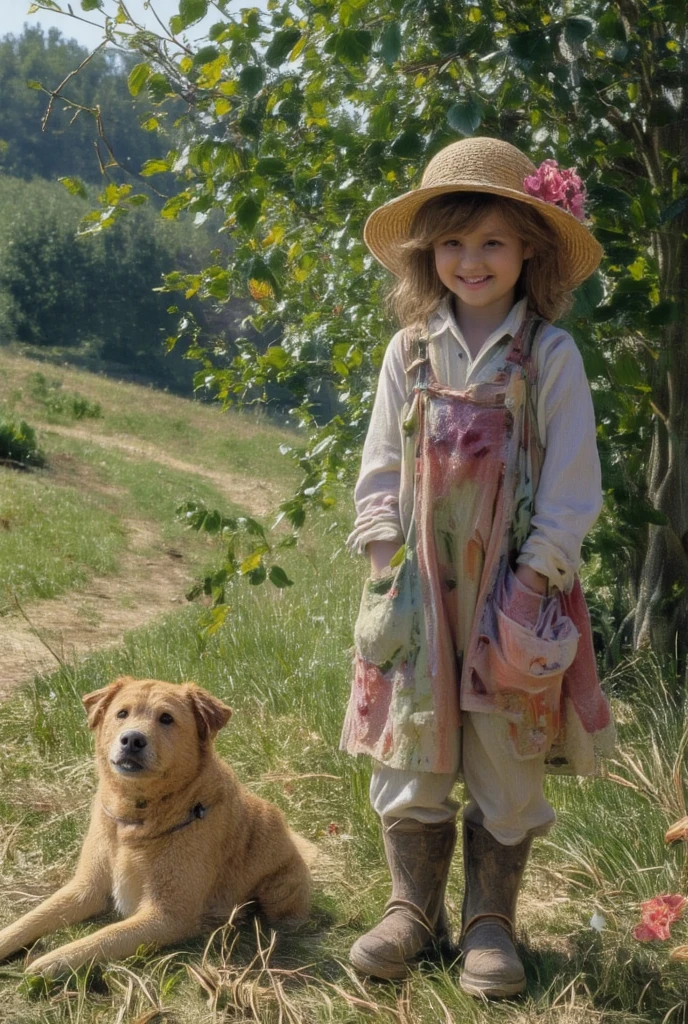 A young girl (( very young)), brown hair and blue dress,(( glad)),  crossing a stream and climbing a hill,  a leather bag.  By his side a brown and white beagle.