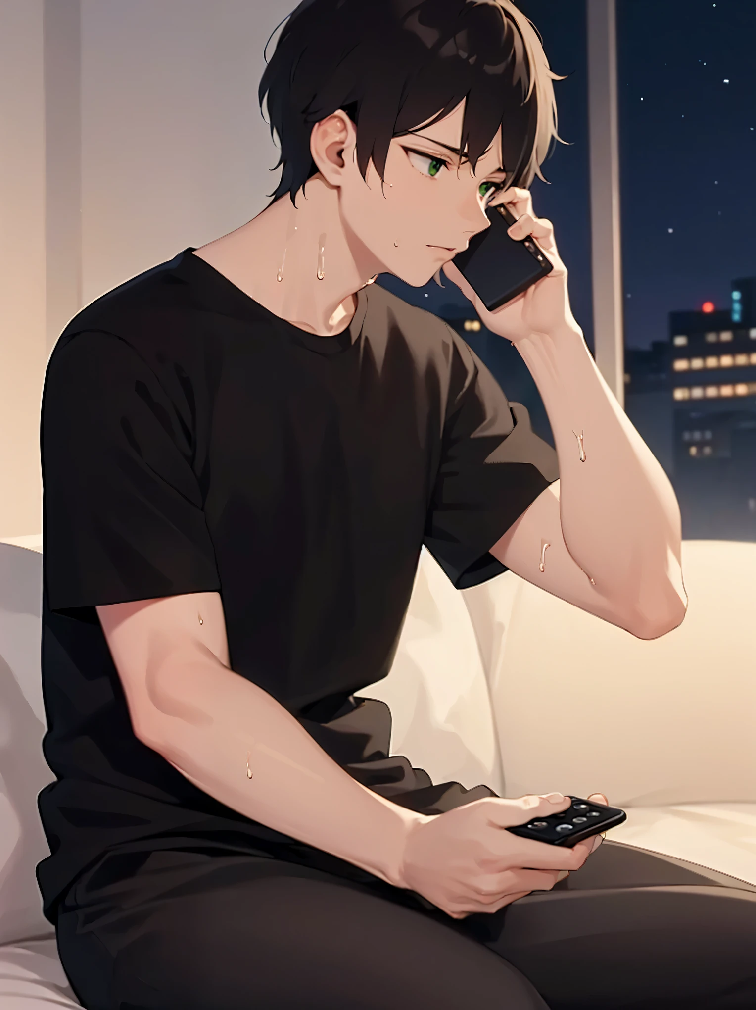 navy sofa, sitting, (at night:1.5), (holding a phone:1.3), , side angle, (looking away:1.5), masterpiece, best quality, Japanese manga style, upper body, (25 year old male: 1.5) and (short brown hair) and (green eyes), BREAK (black T shirt) and (pants) BREAK (sweat:1.3), (surpried:1.2), inside a living room, alone,