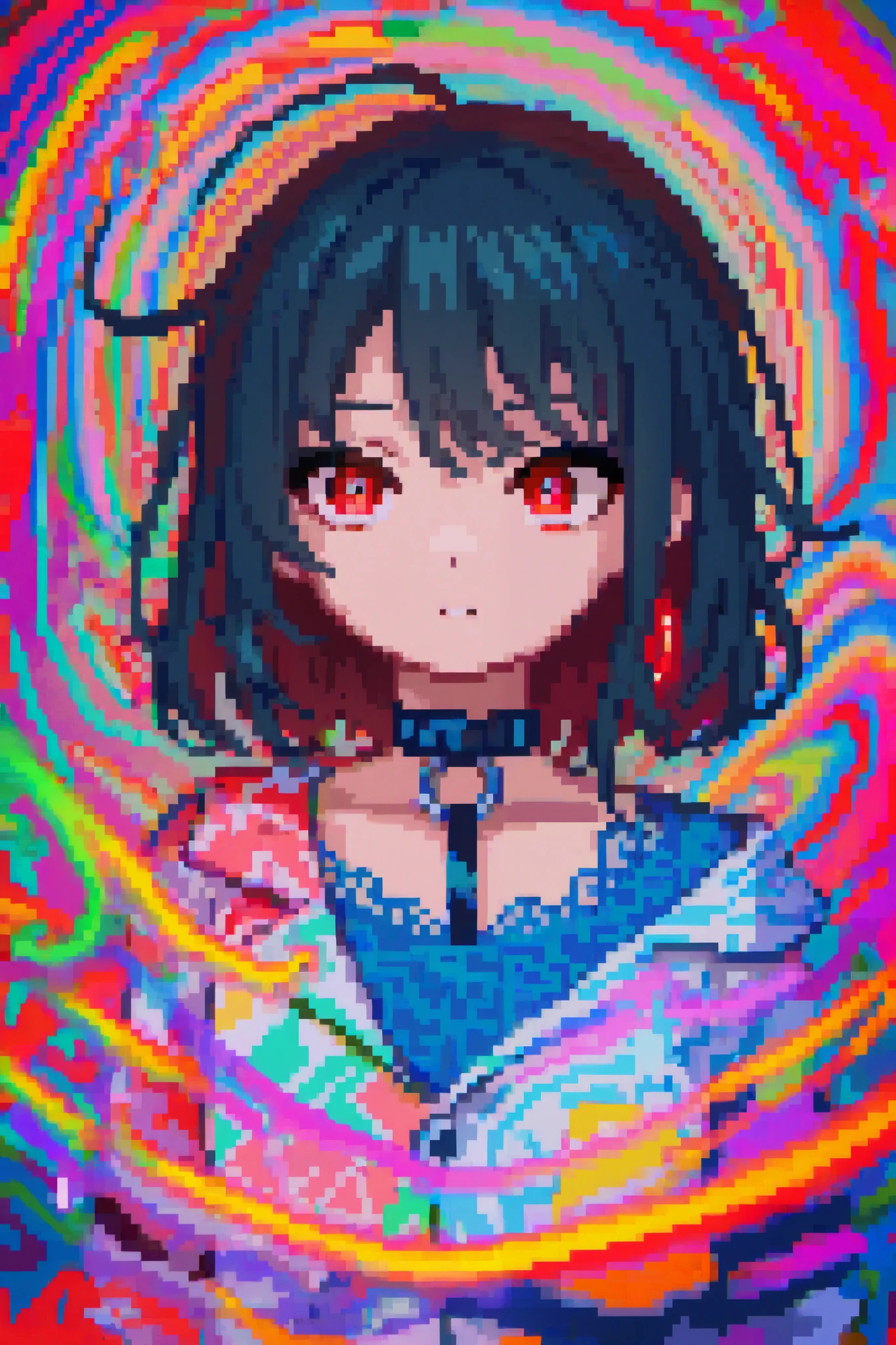 Draw a character who is on hallucinogens. Vivid colors, red eyes, and a distorted rainbow background.
