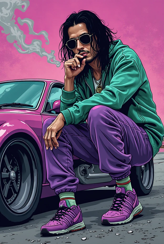 A psychedelic artwork with purple and green details of a man with long black hair, with sunglasses, the hair is a bit messy, wearing baggy clothes and purple and green sneakers smoking a cigarette next to a drift car in Japan 
