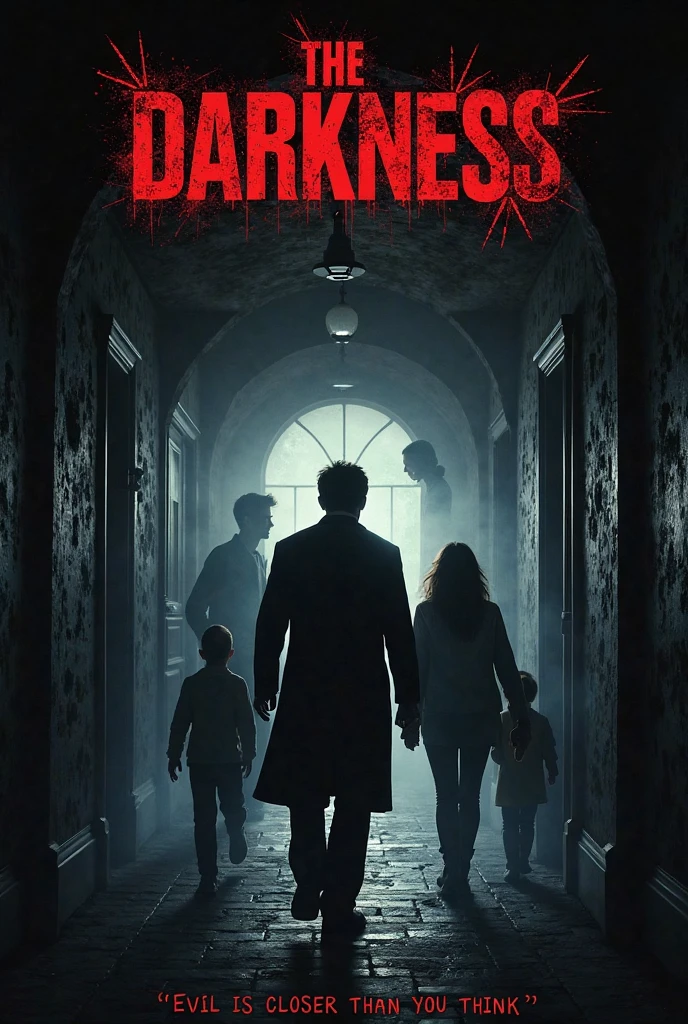 Create a poster with a 20-year-old couple surviving in the horror film. This film is from the 2000s. The poster has a predominant color of black, red and beige. the couple has a dark forest in the background and the couple hugs each other in fear looking back