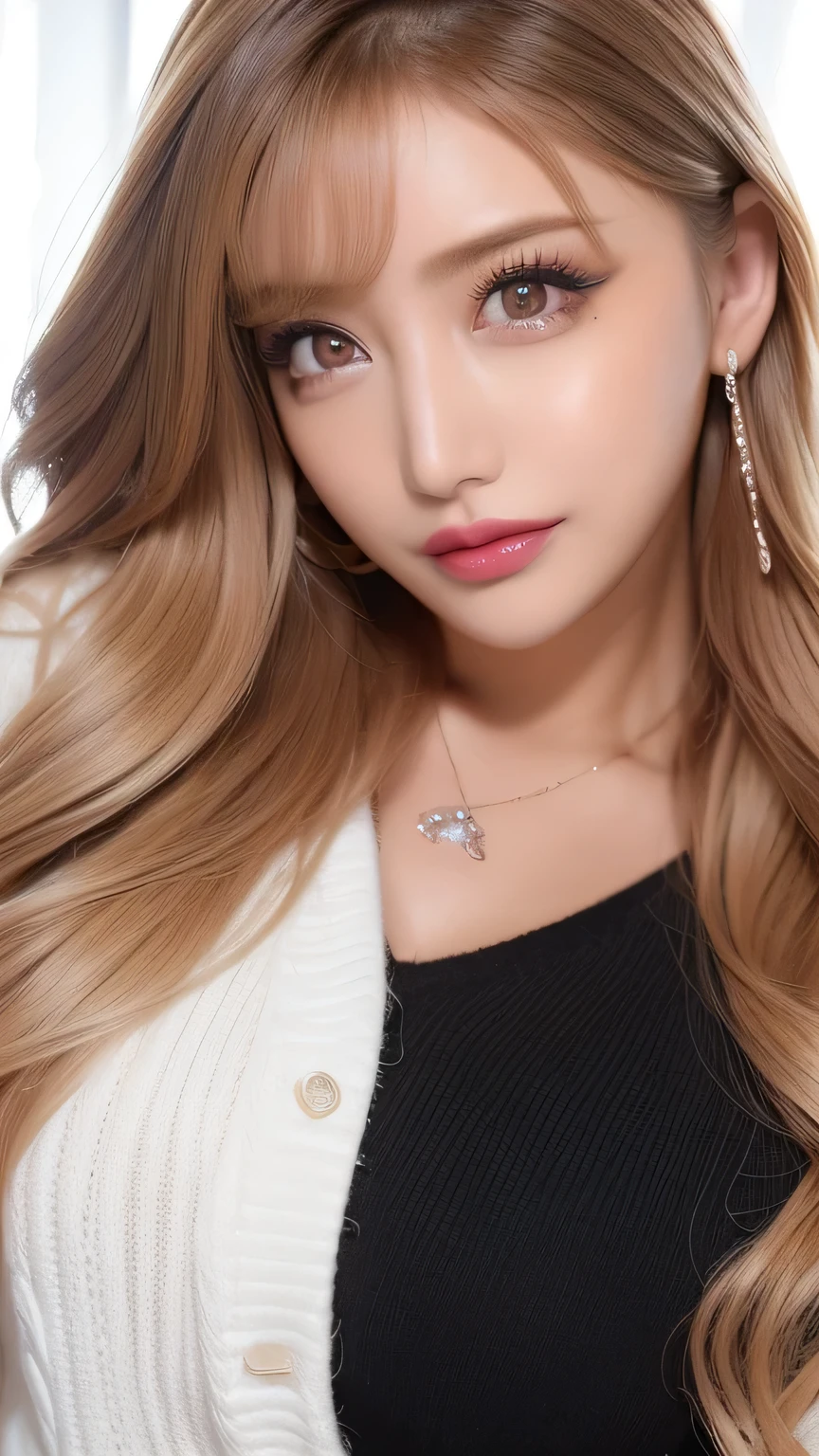 (超 nothing , Masterpiece, anatomically correct, textured skin, super detailed, highest quality, nothing , 8k, bloom, front light :1.2, perfect dynamic composition), (24 years old, 1 person, Cute and sexy tutor, G-cup big breasts, sexy face, gal makeup, 、 Half open sexy lips 、 beautiful woman、( Black sweater , Sexy cleavage:1.1)、Perfect big breasts、( blonde alone :1.1)、 beautiful skin that shines with bright, Glossy lipstick 、 Sexy Lips in Duck Mouth 、 half open duck mouth lips、 a lot of people stand out with clear images 、 bright color contacts 、Perfect gal makeup、 Perfect for an adorable companion 、( Dark makeup for women :1.2)、( dark brown beige around the eyes :1.1)、 Beautiful Bright Eye Shadow 、 dark sexy makeup around the eyes 、(Big Breasts:1.2)、 super long wavy hair 、(Romantic affection:1.1)、 amazing adult sex appeal The best smile he has when he sees me 、( there are many people that accentuate body lines ..:1.1)、( strongly blurry 、 a 。:1.1)、( The image is clear 、 jacket :1.1)、 accurate anatomy、 ultra HD hair、( 超 nothing の完璧な美しい歯:1.1)、Ultra HD beautiful face 、 ultra HD hair、 crystal clear bang 、Ultra HD Shining Eyes、輝く 超 nothing の美肌、 超 nothing の艶やかな唇、 Harry Winston necklace