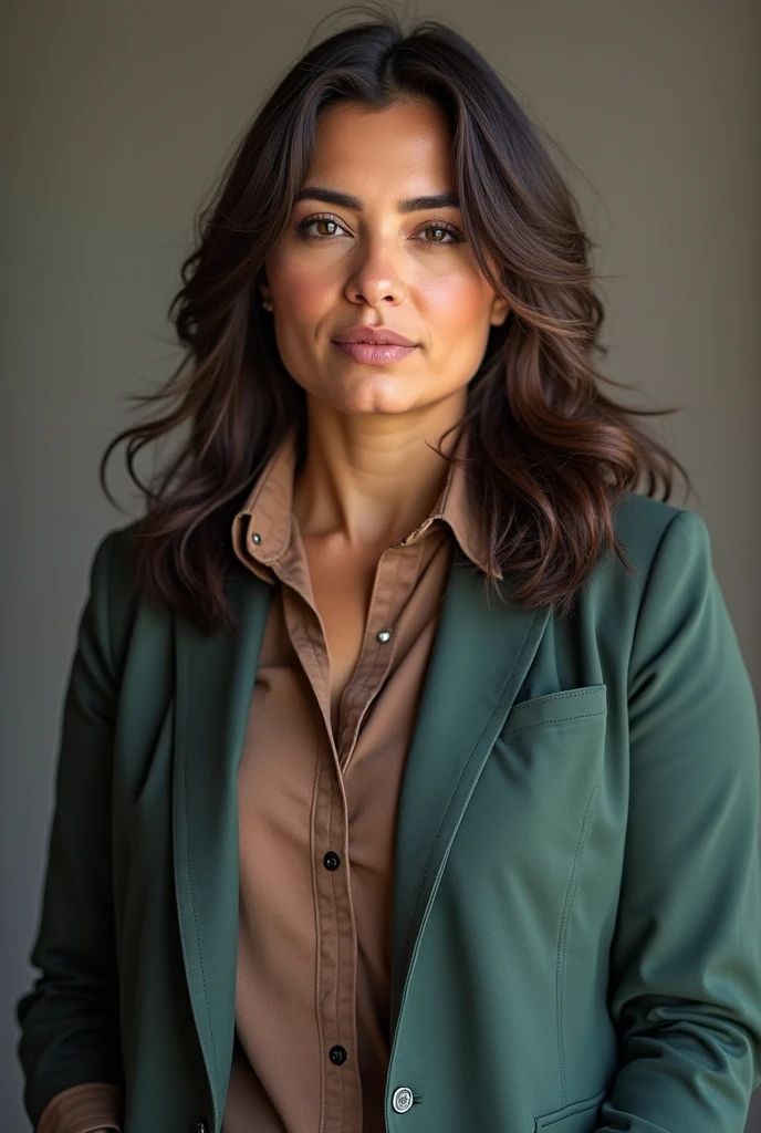 Caterina Murino wearing clothes made of branches and smiling