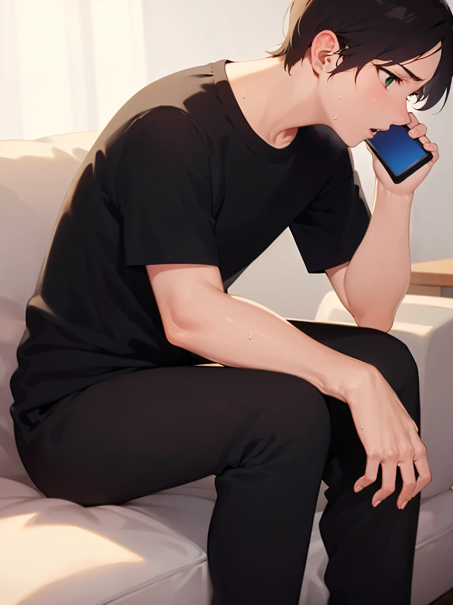 navy sofa, sitting, (at night:1.5), (holding a phone:1.3), , side angle, (looking away:1.5), masterpiece, best quality, Japanese manga style, upper body, (25 year old male: 1.5) and (short brown hair) and (green eyes), BREAK (black T shirt) and (pants) BREAK (sweat:1.3), (surpried:1.2), open mouth, inside a living room, alone,