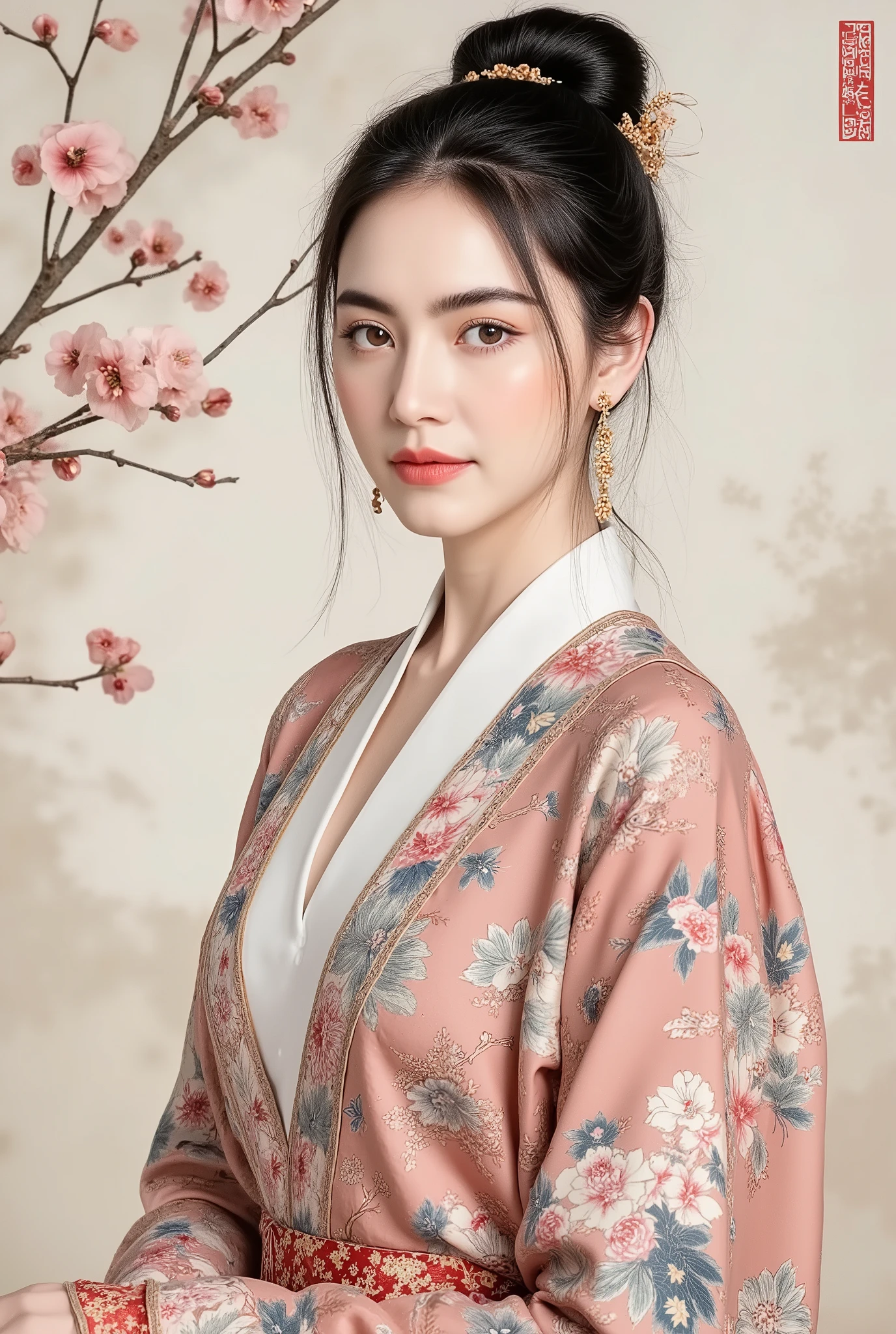 (masterpiece), Chinese brush painting, breathtaking ancient woman, (priest dress), (elegant full body pose), (frontal view), highlighted intricate details, vibrant ink strokes, harmonious color palette, showcasing grace and beauty, winning award quality, (symmetric face), (symmetric body), ultra-detailed, 8K resolution, capturing cultural essence in exquisite artistry, serene and enchanting ambiance.