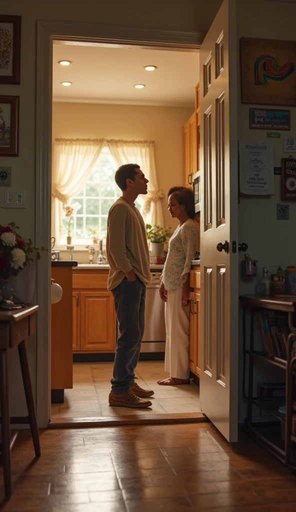 A college-aged boy standing on his knees and a mature woman in her 40s kneeling facing each other in the bathroom.