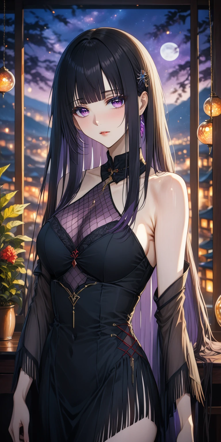 Young guy, long dark purple or black hair, violet eyes, Black Rich Closed Clothing, Masterpiece, hiquality