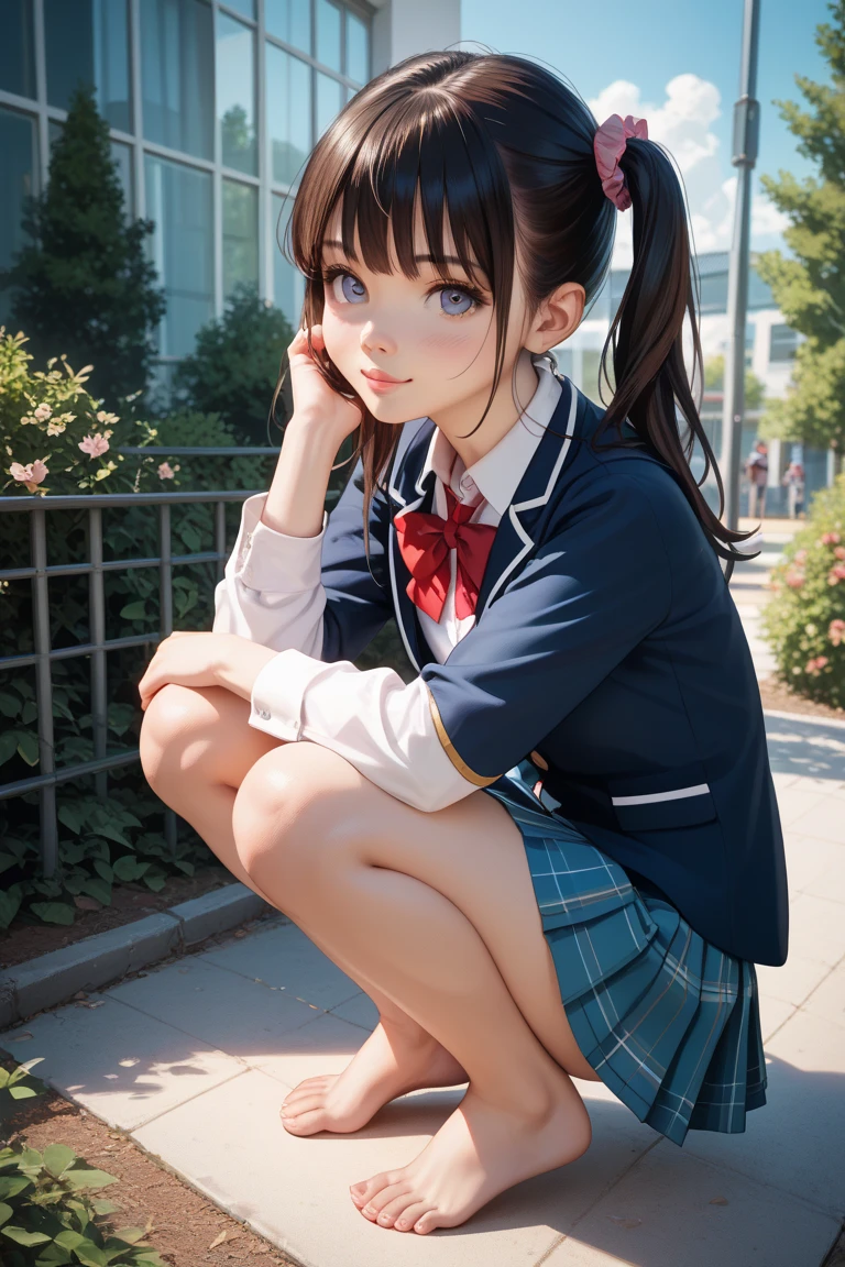 (Highest quality, 8k, masterpiece:1.3,beautiful girl), (masterpiece:1.3, Highest quality, Ultra-high resolution, Very detailed),Beautiful body, Beautiful breasts, Beautiful thighs, Beautiful legs, Beautiful fingers, Glowing Skin,(((Long Hair,Black Hair,Beautiful Hair))),(Perfect Anatomy, Anatomically correct, Very detailed肌), Cute and symmetrical face, Perfect Face, Perfect Eyes, ((Perfect Fingers, Five Fingers)), (((whole body,Draw the whole thing)))((Two Arms)),((high school girl,Sailor suit,Knee-high socks,With sleeves)),((Hairstyle,ponytail,her hair color is brown.)),School building at dusk,School,blush,