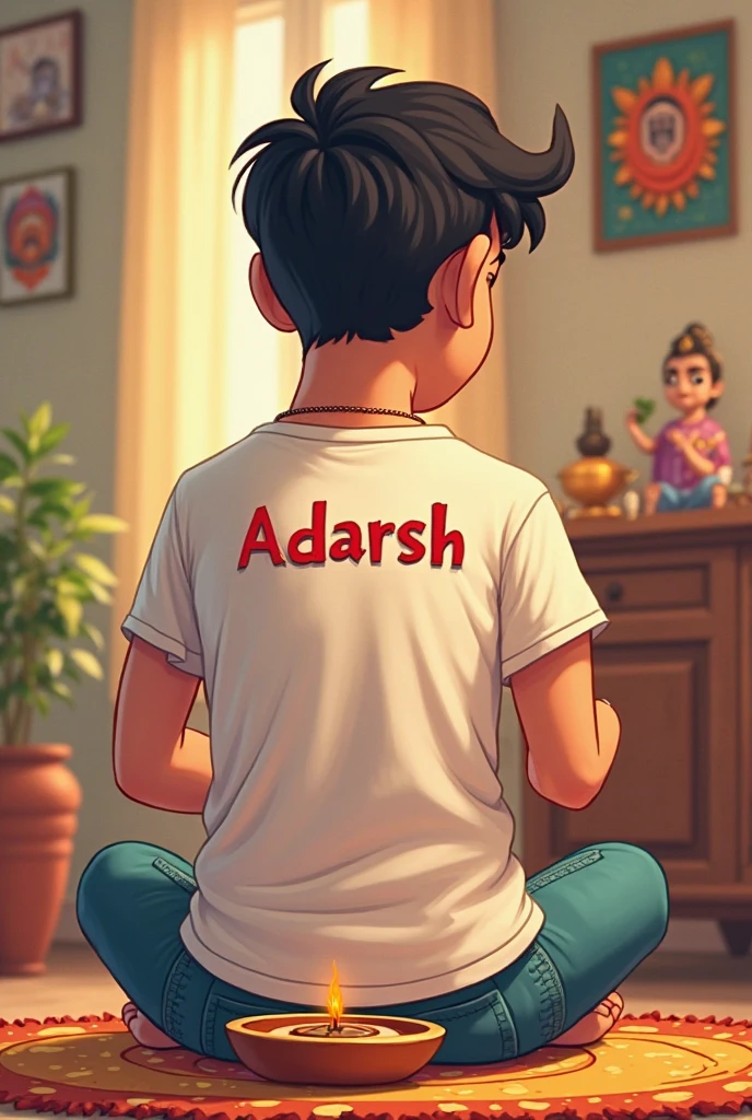 3RD PROMPT :- create a 3D realistic picture “A 15 years boy is worshiping bholenath ji eyes open  and bholenath ji is sitting on a chair  and playing flute and "shivam pratap singh” is written on the boy’s  black t-shirts and the boy is worshiping and in the background “shivam pratap singh ” is written in bold font clearly, make sure everything should be correct