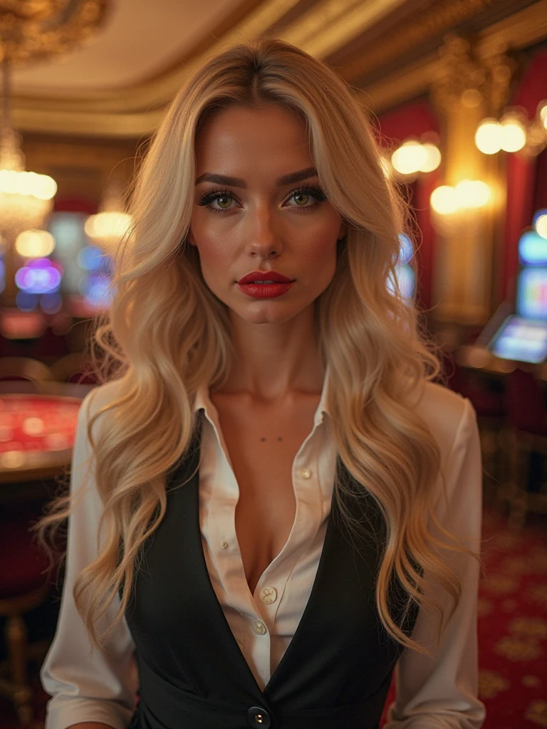Caucasian woman, blonde hair, dark hair roots, wavy hair, green eyes, lined eyes, blue lipstick, smile, athletic body, (small breasts), nipples, (low-cut blouse), necklace, bracelets, earrings, blue nails, sitting, in restaurant, wine glass on the table, shot frontal.